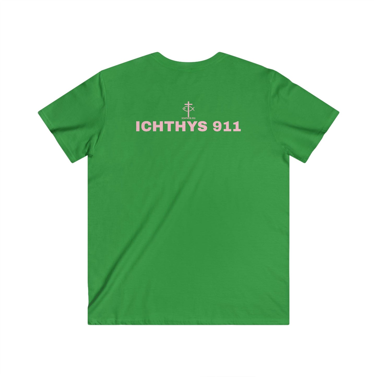 Authentic Collection - Men's Fitted V-Neck Short Sleeve T - Shirt - Faith-Inspired - Christian Faith - Light Pink Font - ICHTHYS 911 -