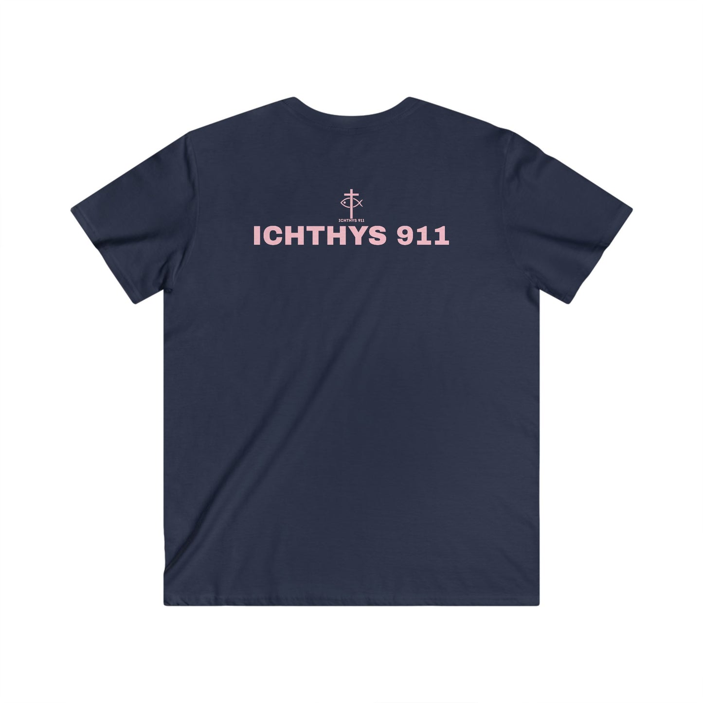 Authentic Collection - Men's Fitted V-Neck Short Sleeve T - Shirt - Faith-Inspired - Christian Faith - Light Pink Font - ICHTHYS 911 -