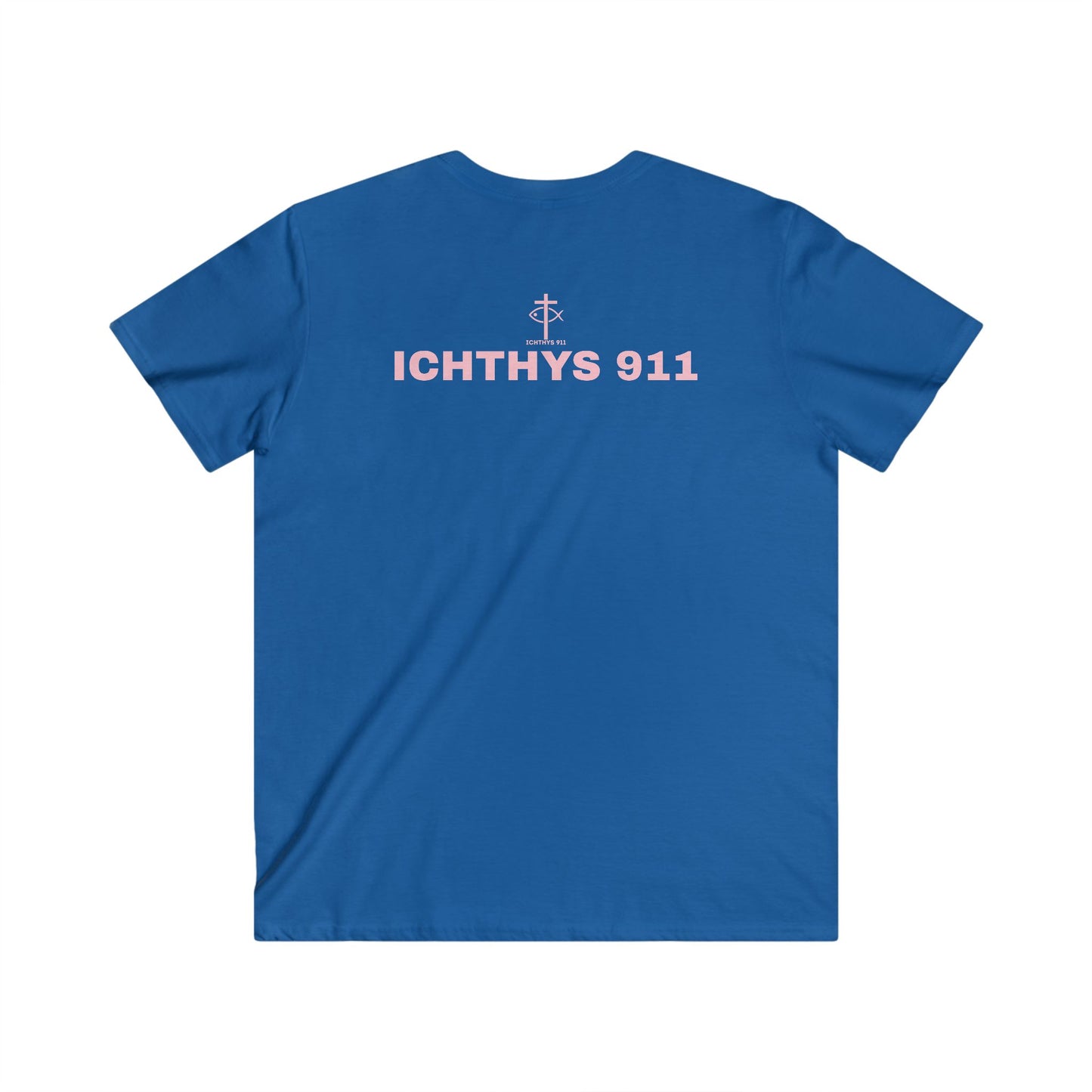 Authentic Collection - Men's Fitted V-Neck Short Sleeve T - Shirt - Faith-Inspired - Christian Faith - Light Pink Font - ICHTHYS 911 -