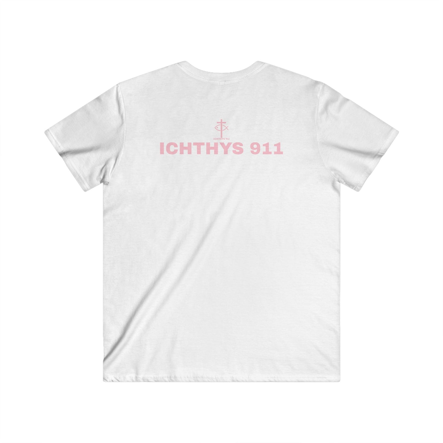 Authentic Collection - Men's Fitted V-Neck Short Sleeve T - Shirt - Faith-Inspired - Christian Faith - Light Pink Font - ICHTHYS 911 -