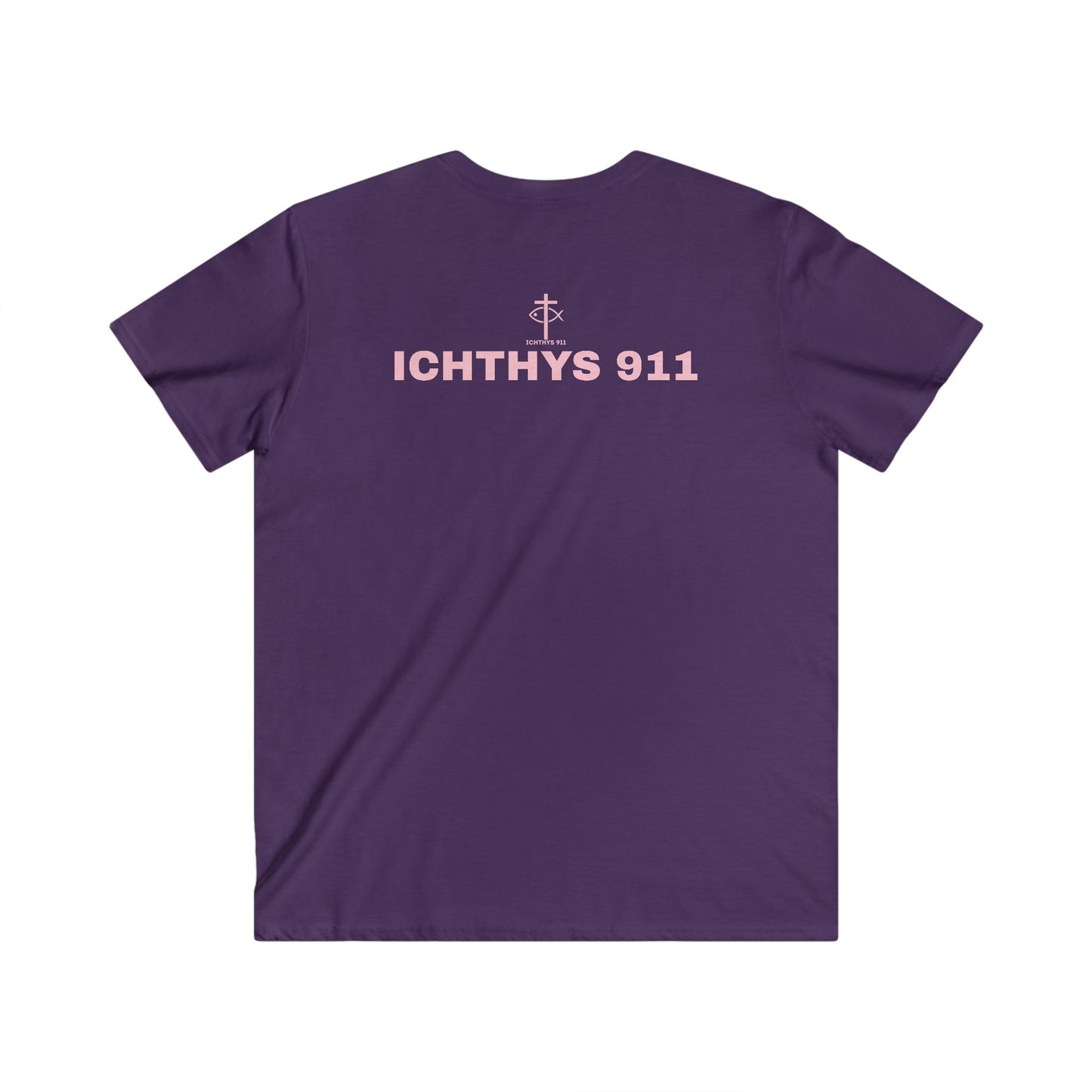 Authentic Collection - Men's Fitted V-Neck Short Sleeve T - Shirt - Faith-Inspired - Christian Faith - Light Pink Font - ICHTHYS 911 -