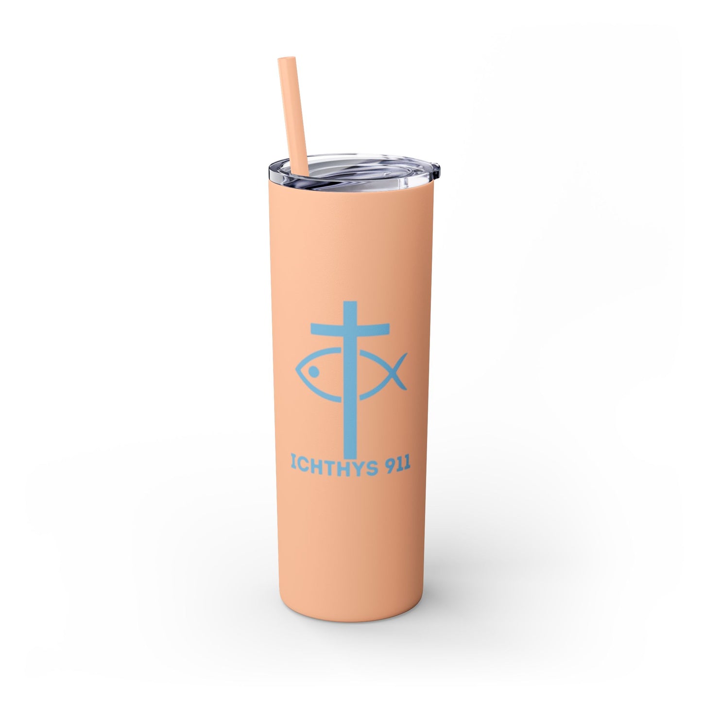 ICHTHYS 911 - Blue Font - Faith-Inspired Skinny Tumbler with Straw - 20oz Baby Shower Drip