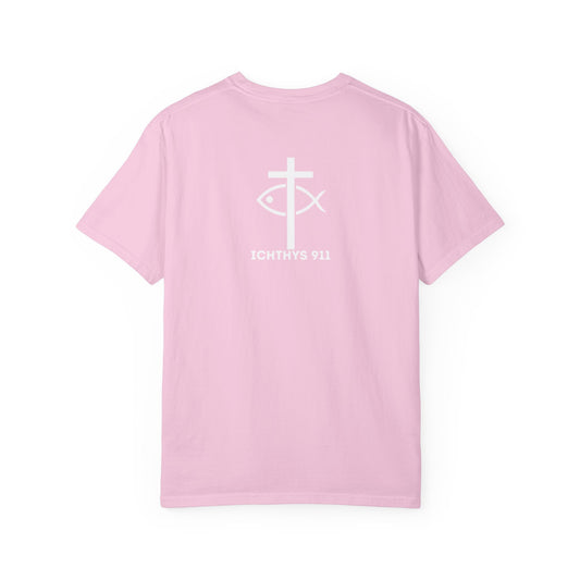 ICHTHYS 911 Pink Font "Badge Collection" - Unisex Garment Dyed T-Shirt 100% US Cotton - Christian Graphic Tee - Gym - T - Christian Faith - Jesus Wear - Women T-Shirt - Men T-Shirt - Garment Dyed