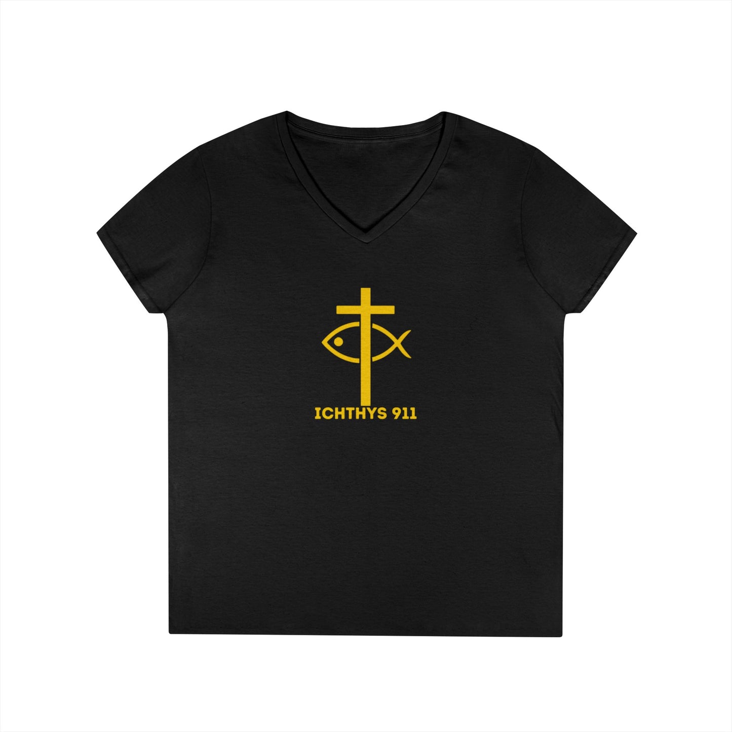 God Sees The Heart Gold Font Women’s Faith-Inspired V-Neck T-Shirt - ICHTHYS 911 Design911 Design