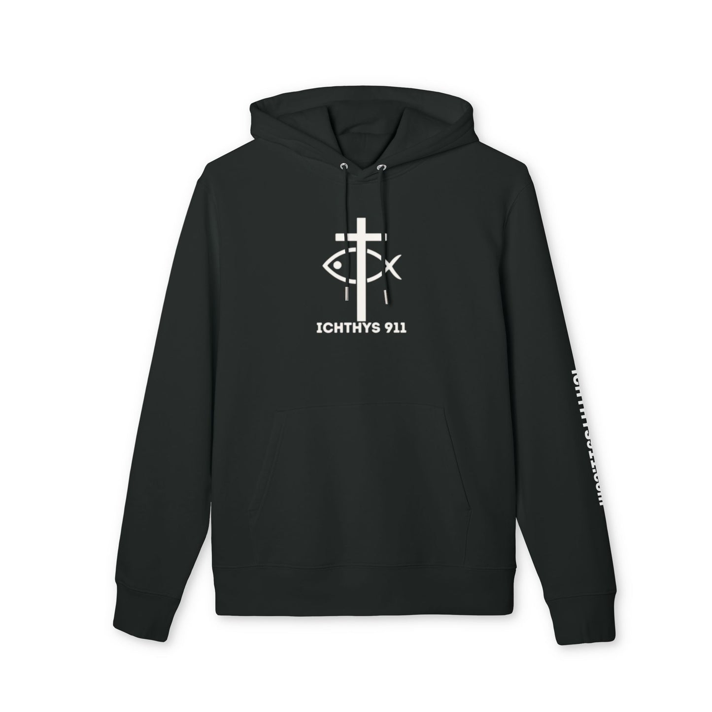 ICHTHYS 911 Hoodie – Unisex Pullover -White Font - Black Font on White - Heavy Fabric - ICHTHYS 911 Logo on Front & Back - 100% Organic