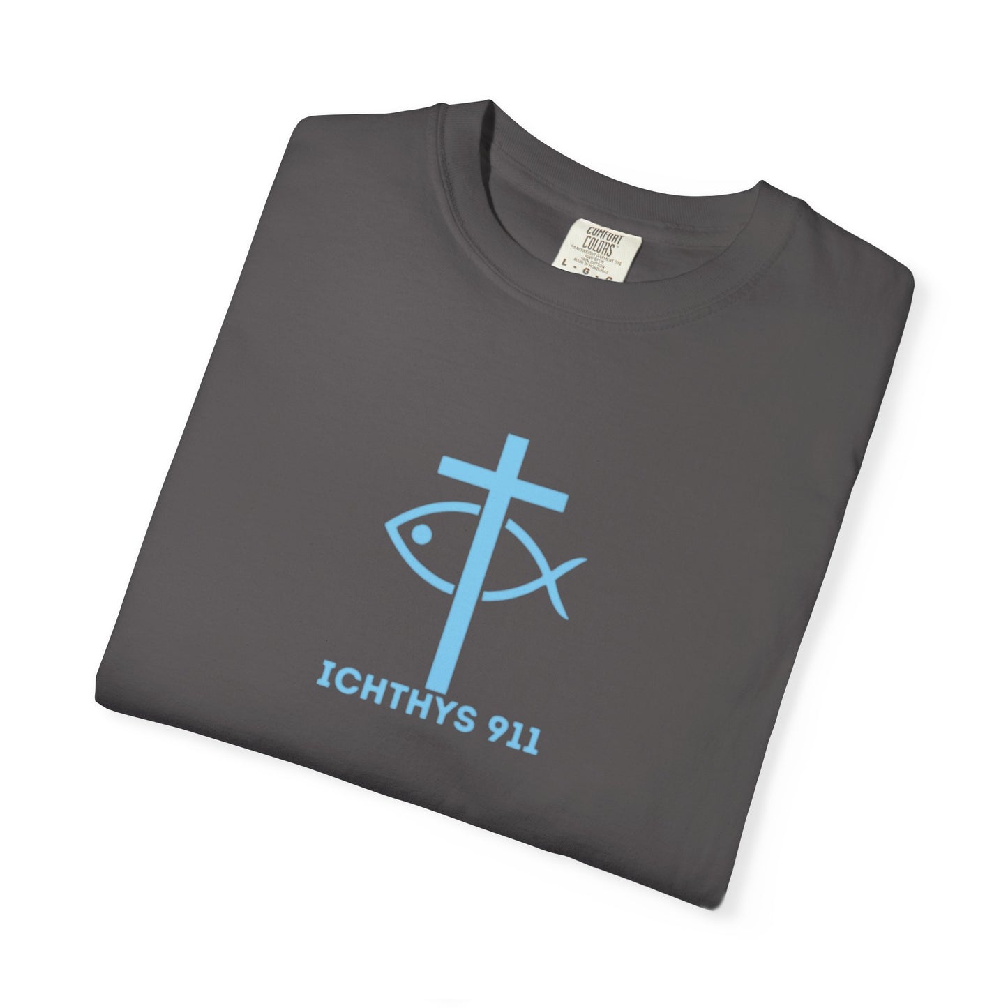 ICHTHYS 911 - Blue Font "Iēsous Christos, Theou Yios, Sōtēr" - Garment-Dyed - 100% US Cotton - Unisex T-Shirt - Men T-Shirt - Women T-Shirt - Christian Symbol - Greek - Faith Inspired -Christian Streetwear – Jesus Gym & Faith Fashion, Unisex Garment