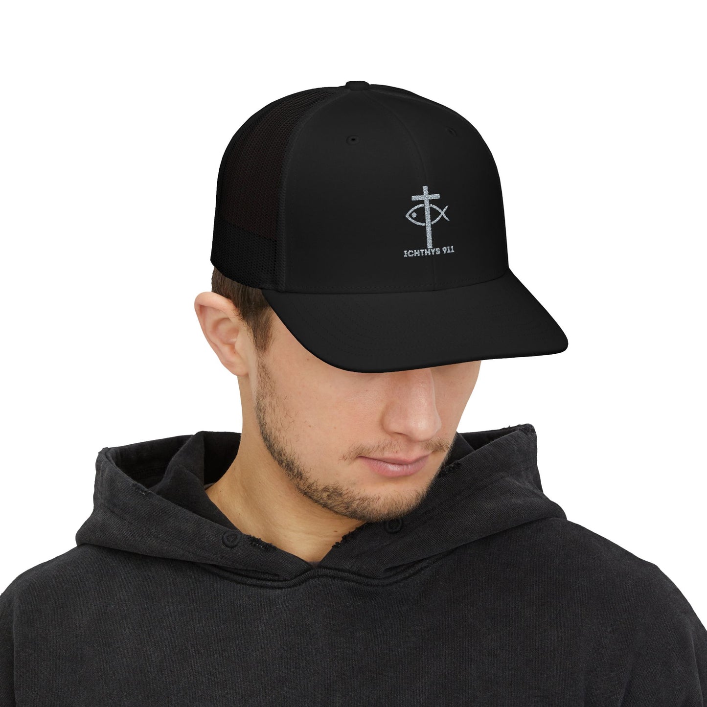 ICHTHYS 911 Embroidered Snapback Trucker Cap - Faith-Inspired Outdoor Hat - Jesus