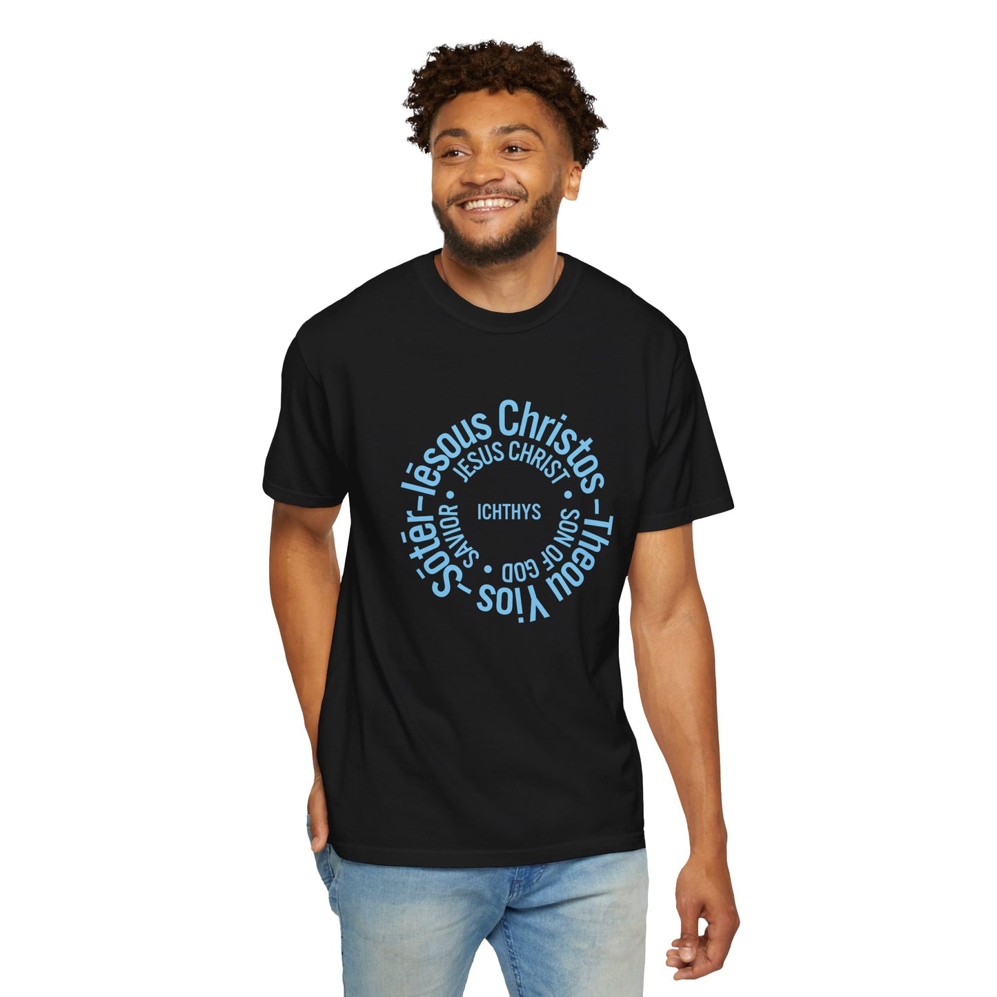 ICHTHYS 911 Blue & Black Font "Iēsous Christos, Theou Yios, Sōtēr" - Collection - Reverse Design - Unisex Garment Dyed - 100% US Cotton - Christian Graphic Tee - Gym - T - Christian Faith - Jesus Wear - Women T-Shirt - Men T-Shirt
