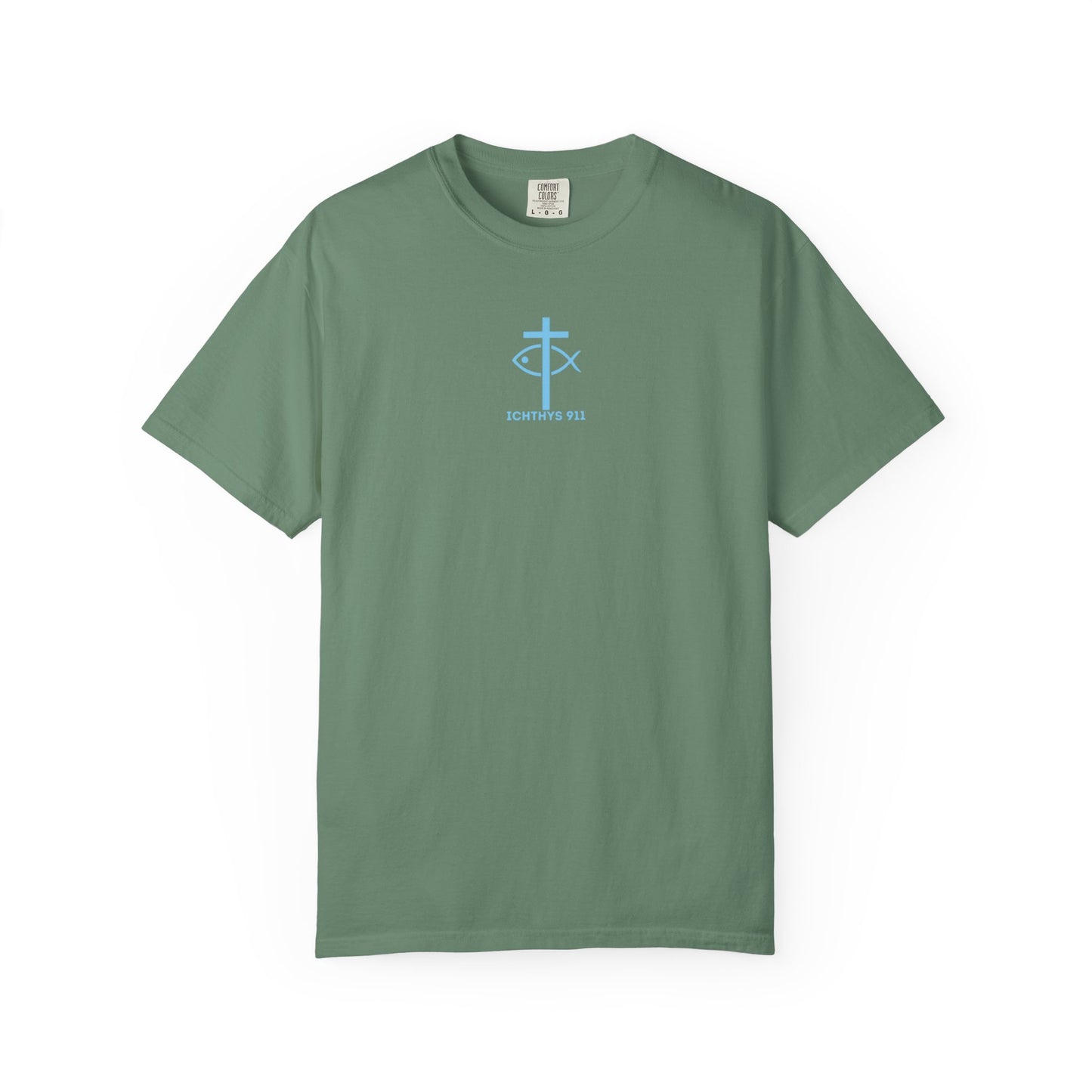 ICHTHYS 911 - Blue Font - Vendor - "Iēsous Christos, Theou Yios, Sōtēr" - Garment-Dyed Unisex T-Shirt - Men T-Shirt - Women T-Shirt - Christian Symbol - Greek - Faith Inspired -Christian Streetwear – Jesus Gym & Faith Fashion, Unisex Garment