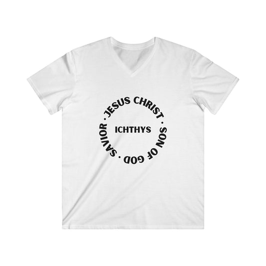 ICHTHYS 911 - Jesus Christ - Son of God - Savior Collection - Men's Fitted V-Neck Short Sleeve T - Shirt - Faith-Inspired - Christian Faith - Black Font