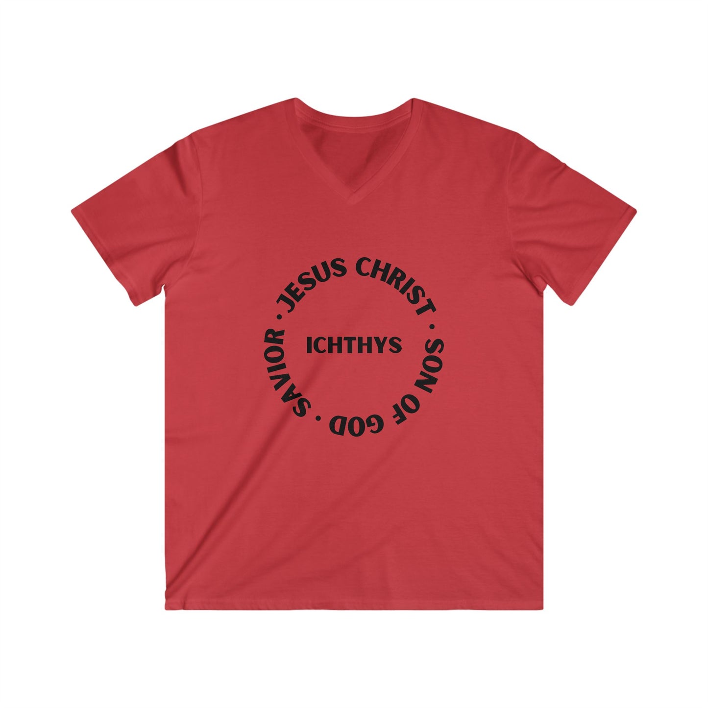 ICHTHYS 911 - Jesus Christ - Son of God - Savior Collection - Men's Fitted V-Neck Short Sleeve T - Shirt - Faith-Inspired - Christian Faith - Black Font