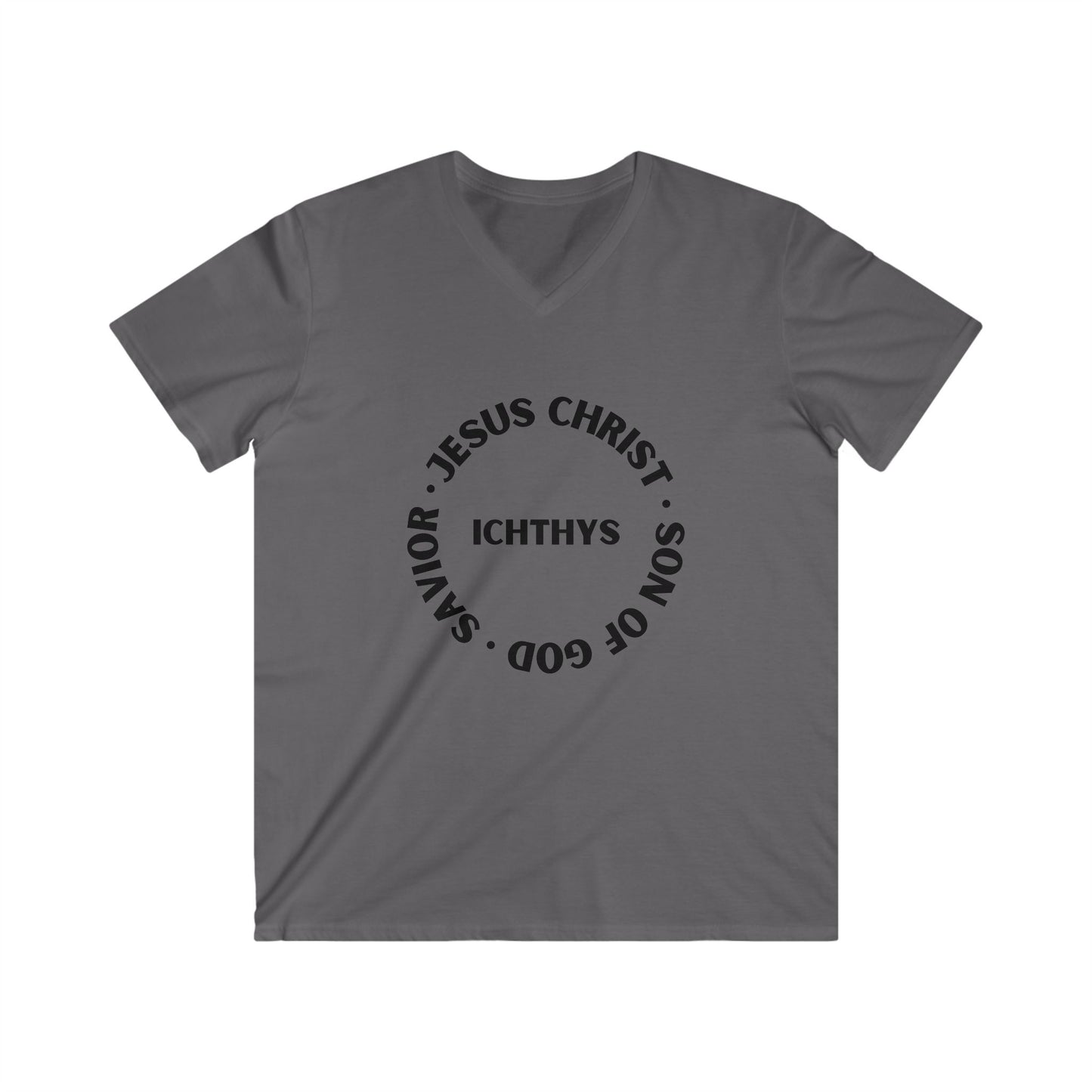 ICHTHYS 911 - Jesus Christ - Son of God - Savior Collection - Men's Fitted V-Neck Short Sleeve T - Shirt - Faith-Inspired - Christian Faith - Black Font