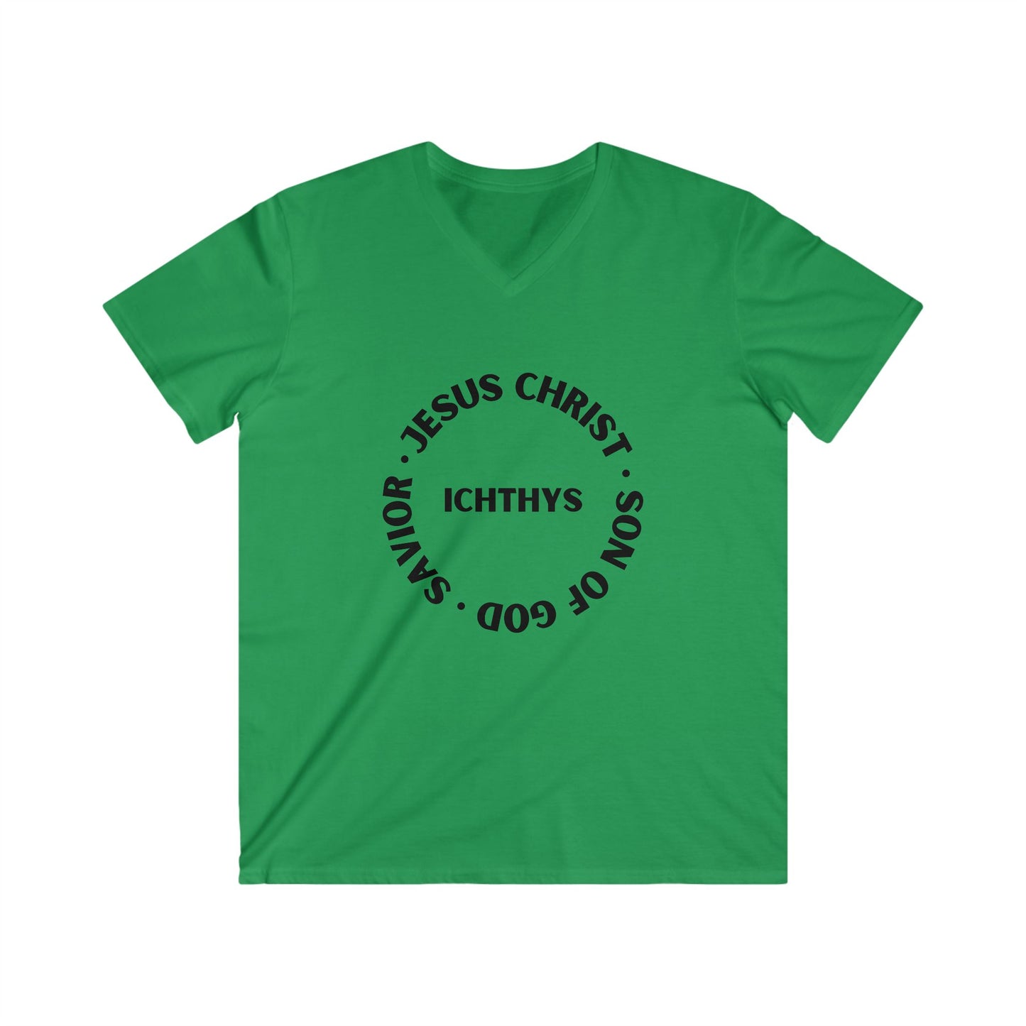 ICHTHYS 911 - Jesus Christ - Son of God - Savior Collection - Men's Fitted V-Neck Short Sleeve T - Shirt - Faith-Inspired - Christian Faith - Black Font