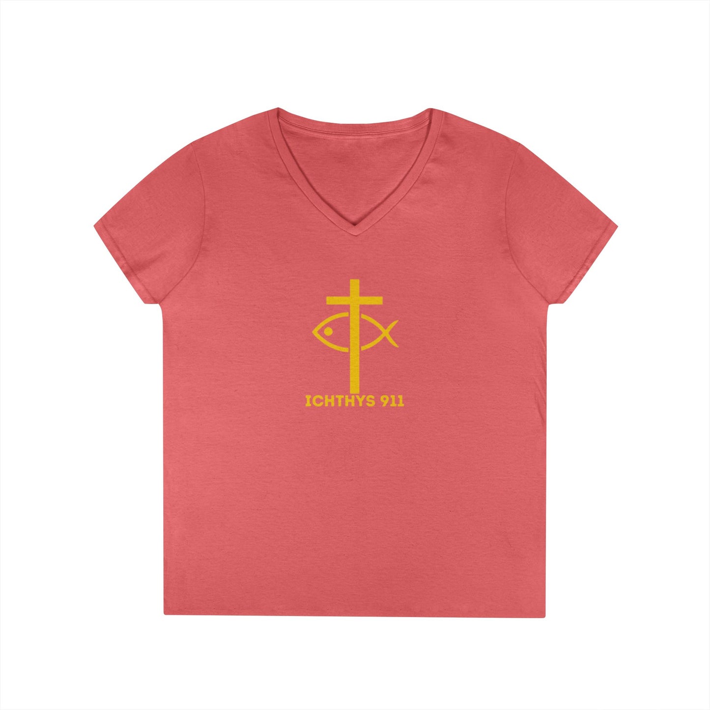 God Sees The Heart Gold Font Women’s Faith-Inspired V-Neck T-Shirt - ICHTHYS 911 Design911 Design