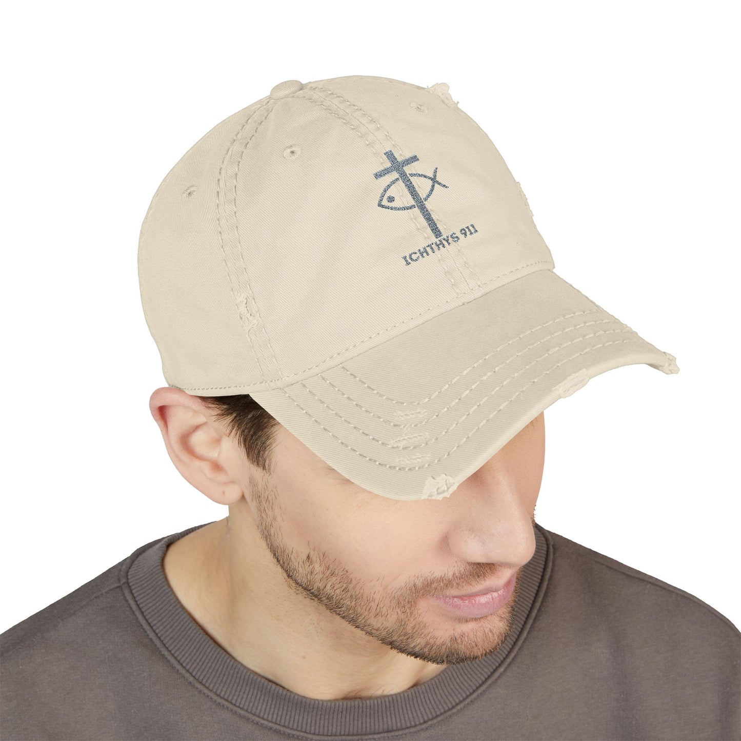 ICHTHYS 911 Embroidered Design - Distressed Hat with Casual Fashion - Accessory for Everyday Wear - ICHTHYS 911 Collection - This hat is very soft - Short stance - Everyone is loving this hat