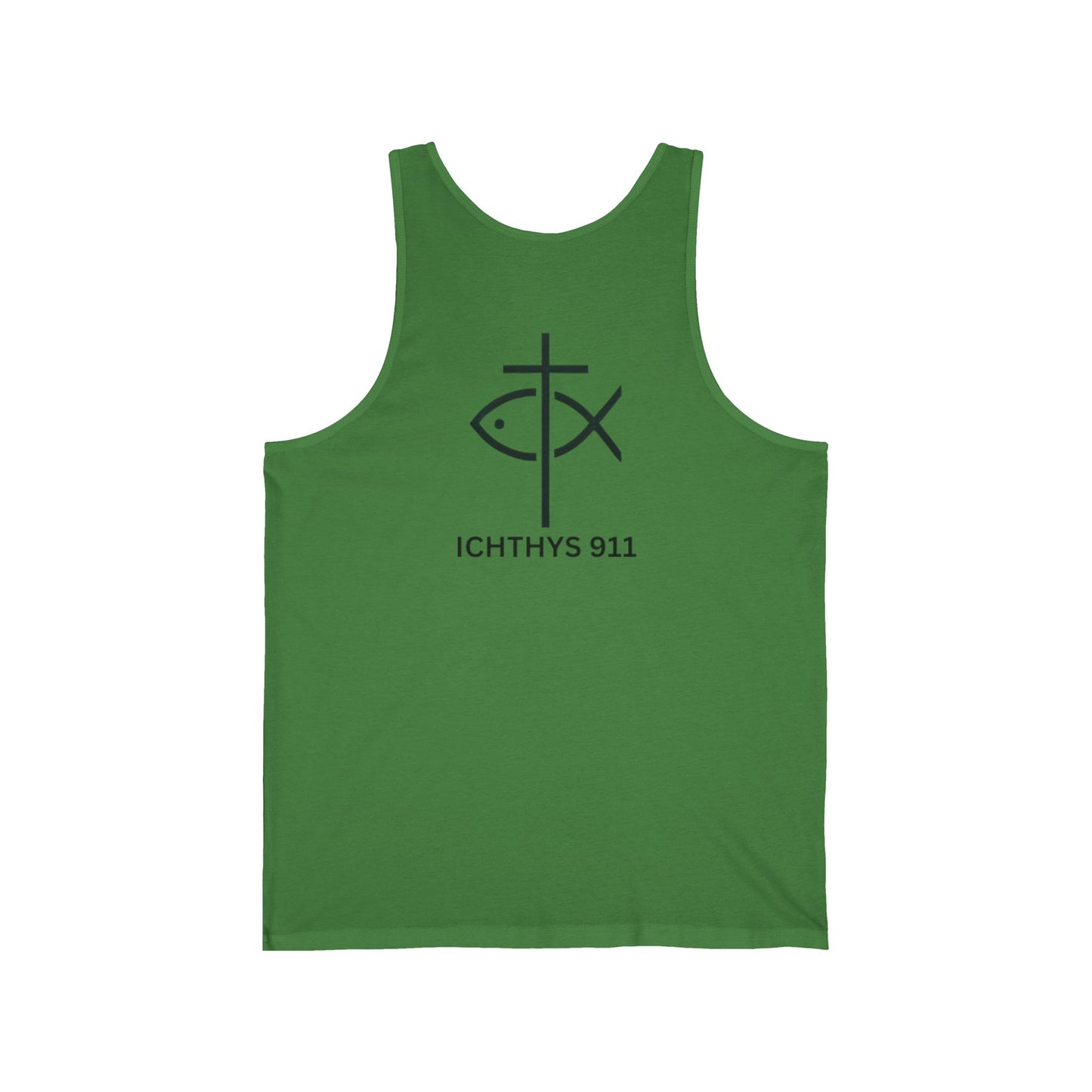 ICHTHYS 911 - Jersey Tank Badge Logo - Casual Christian Symbol Graphic Tee - Unisex