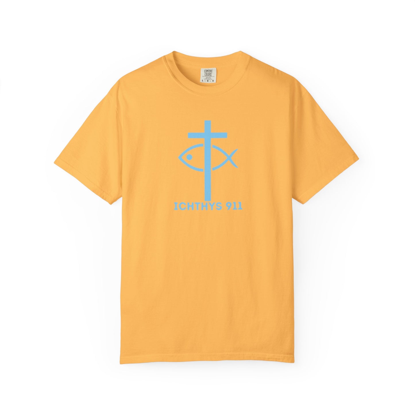 Iēsous Christos, Theou Yios, Sōtēr - Blue Font - Garment-Dyed Unisex T-Shirt - Men T-Shirt - Women T-Shirt - Christian Symbol - Greek - Faith Inspired -Christian Streetwear – Jesus Gym & Faith Fashion, Unisex Garment -ICHTHYS 911 - Additional Colors