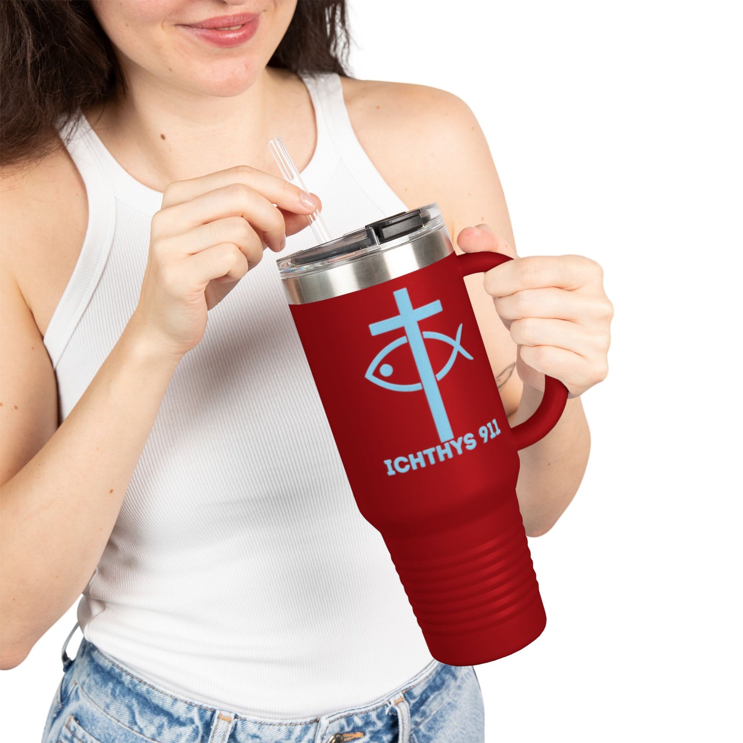 Faith-Inspired Insulated Travel Mug - 40oz with ICHTYS 911 Design