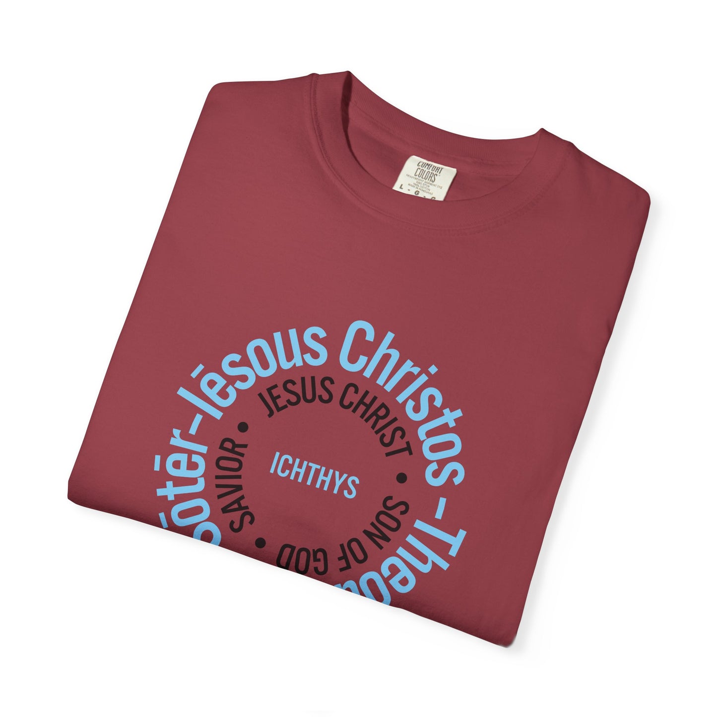 ICHTHYS 911 Blue Font "Iēsous Christos, Theou Yios, Sōtēr" - Reverse - Collection - Unisex - Christian Graphic Tee - Gym - T - Christian Faith - Jesus Wear - Women T-Shirt - Men T-Shirt
