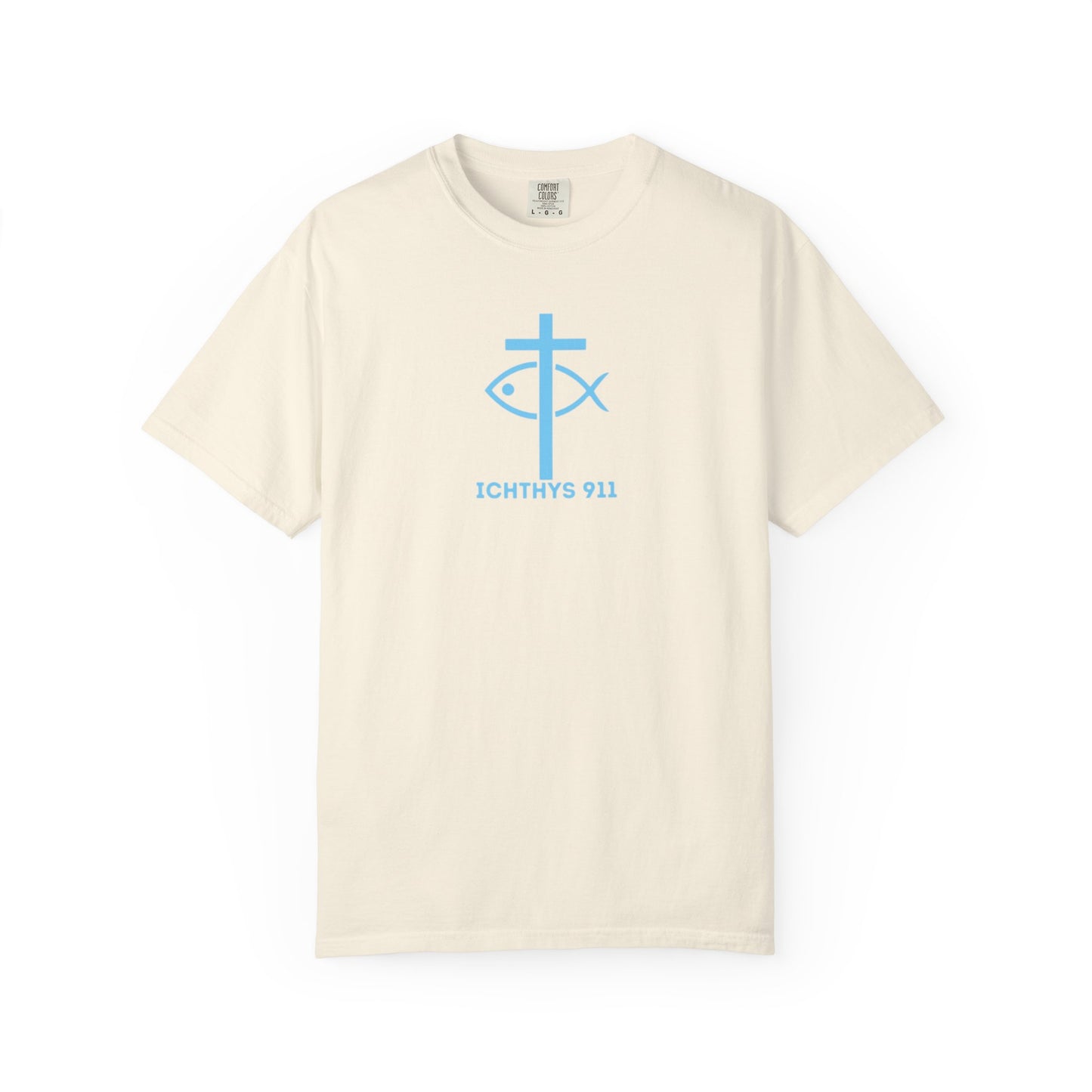 Jesus Christ Son of God Savior - Blue Font - Christian Streetwear T-Shirt – Jesus Gym & Faith Fashion, Unisex Garment-Dyed T-Shirt, ICHTHYS911, Men T-Shirt, Women T-Shirt