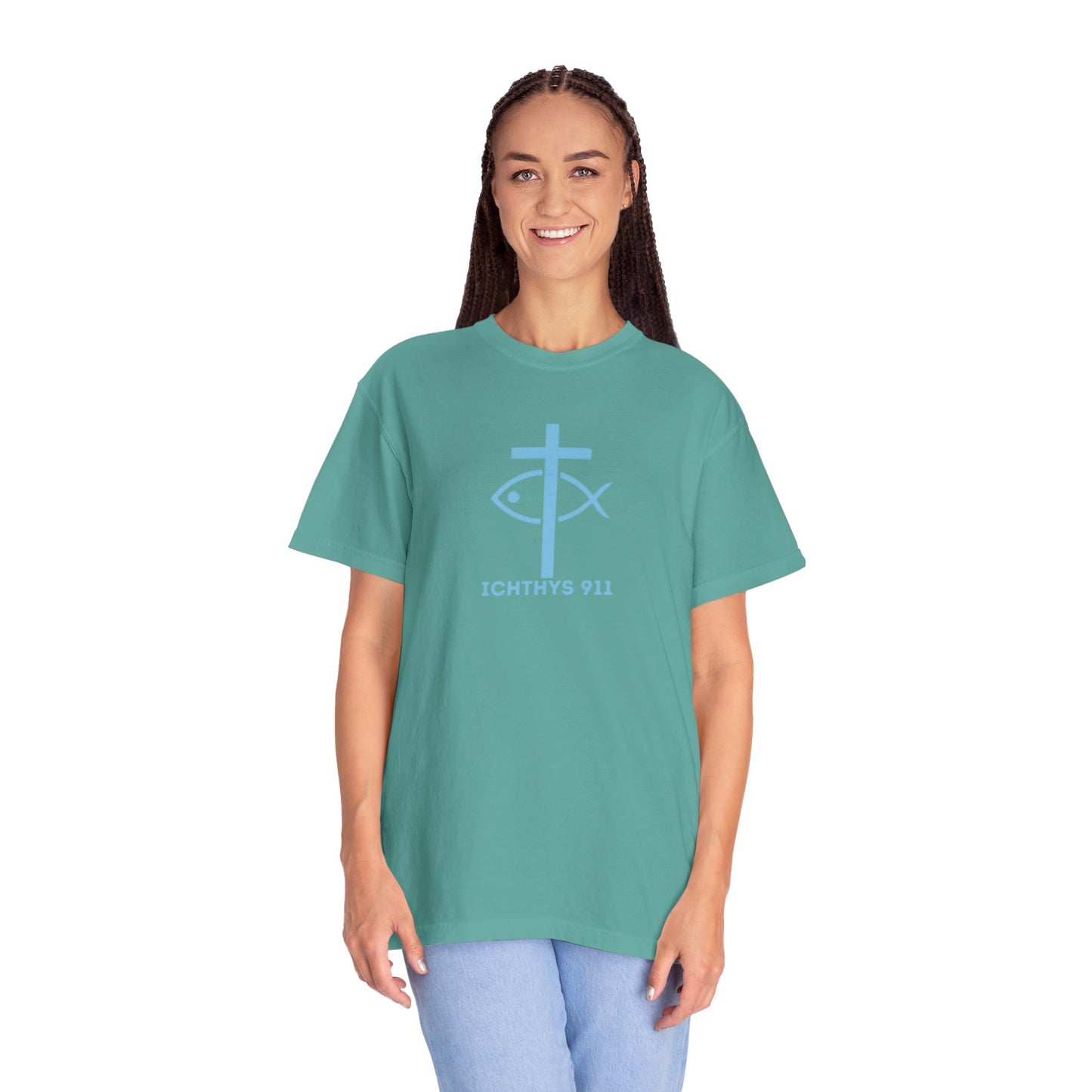 Iēsous Christos, Theou Yios, Sōtēr - Blue Font - Garment-Dyed Unisex T-Shirt - 100# US Cotton -Men T-Shirt - Women T-Shirt - Faith Inspired - Unisex Garment - ICHTHYS 911 - Blue Font - Heavy Duty Shirt