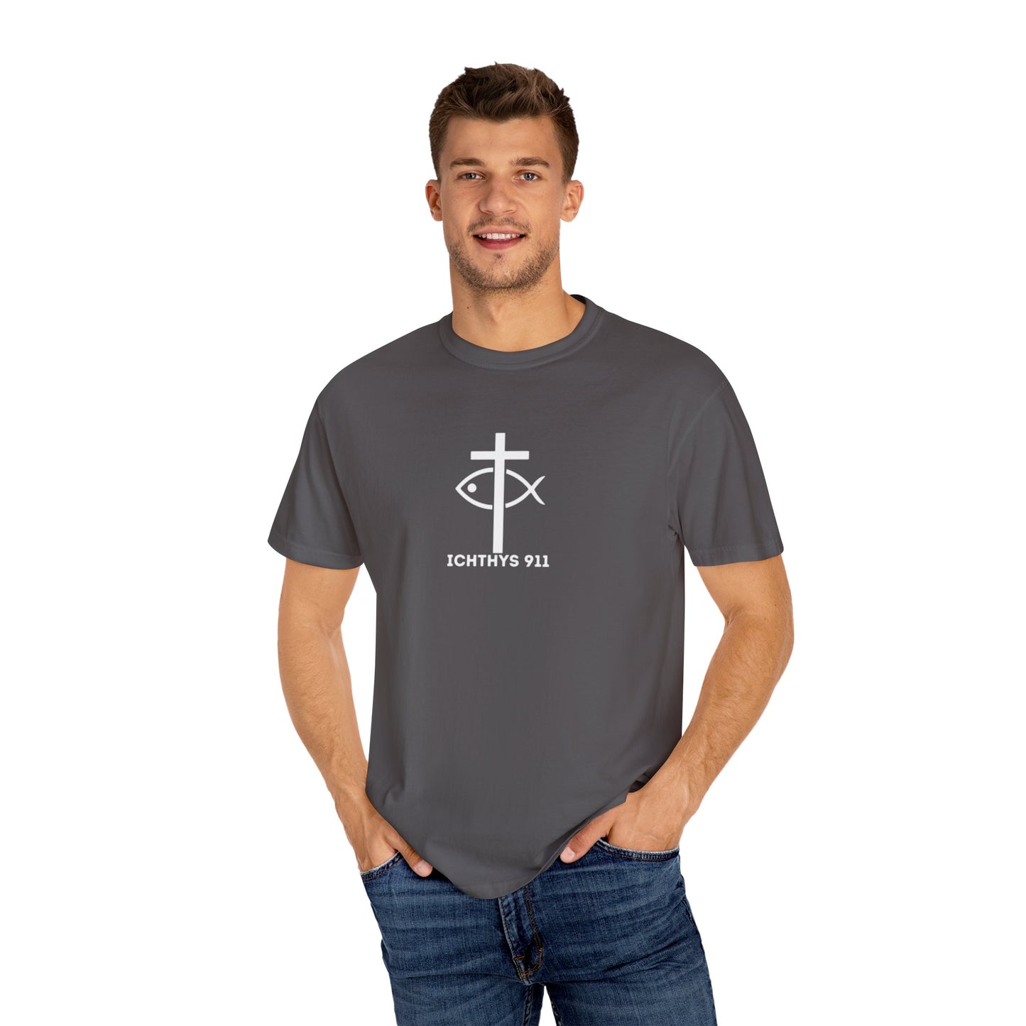ICHTHYS 911 - 13th Disciple Collection - Christian Streetwear T-Shirt / Sweatshirt – Jesus Gym & Faith Fashion, Unisex Garment-Dyed T-Shirt White Font