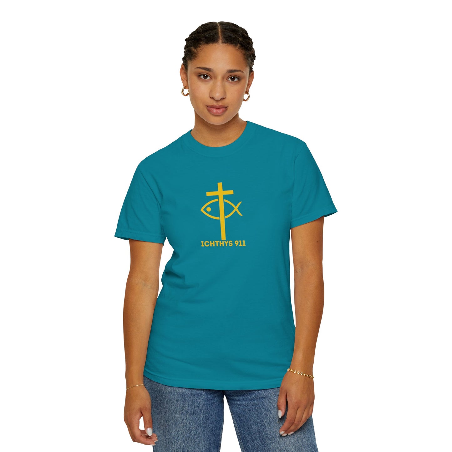 ICHTHYS 911 - "God Sees the Heart" Reverse' Gold Font - Unisex Garment - Dyed T-Shirt - 100% US Cotton - Men T-Shirt - Women T-Shirt - Inspirational Graphic T-Shirt for Everyday Motivation