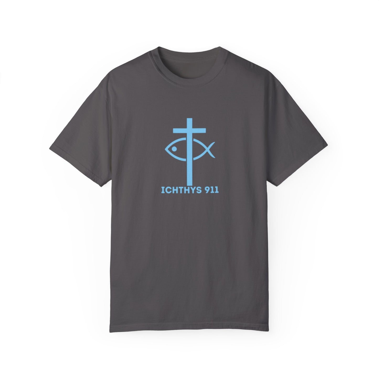 ICHTHYS 911 - Authentic - Christian Streetwear T-Shirt – Jesus Gym & Faith Fashion, Unisex Garment-Dyed T-Shirt Blue Font