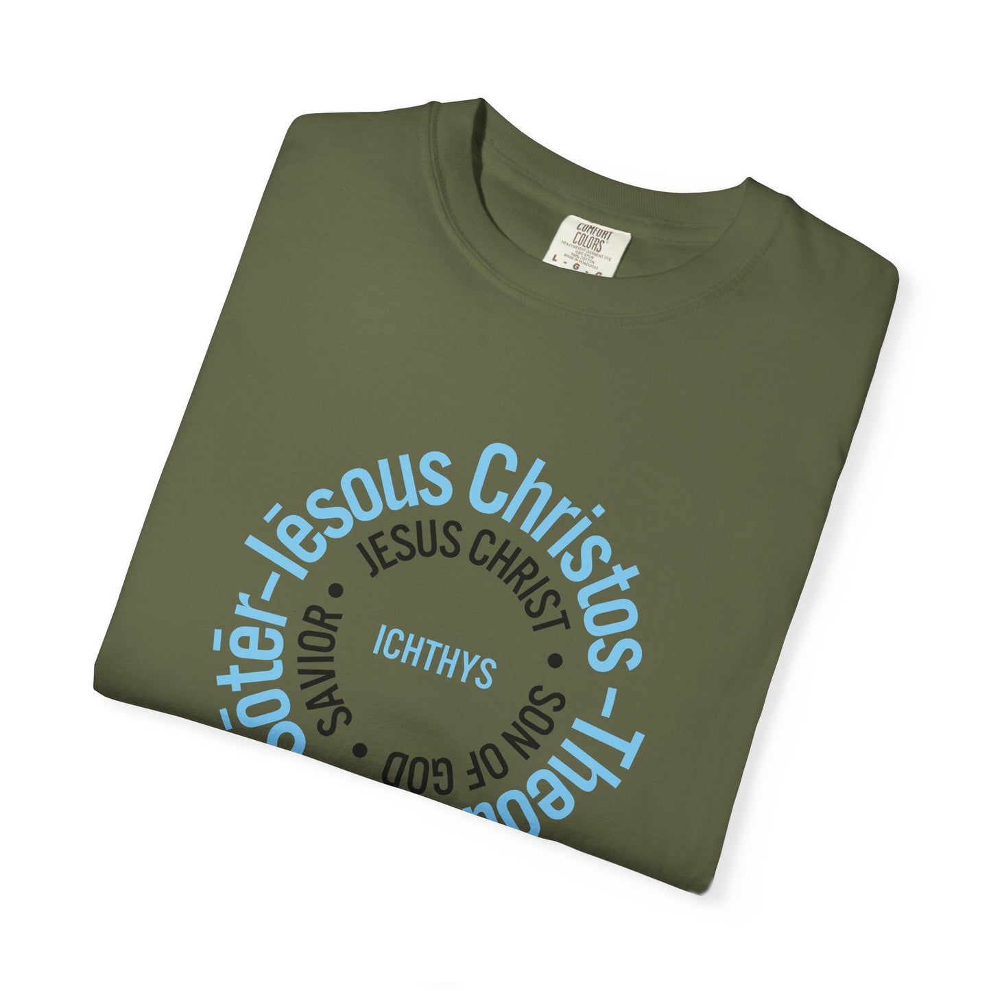 ICHTHYS 911 Blue Font "Iēsous Christos, Theou Yios, Sōtēr" - Reverse - Collection - Unisex - Christian Graphic Tee - Gym - T - Christian Faith - Jesus Wear - Women T-Shirt - Men T-Shirt