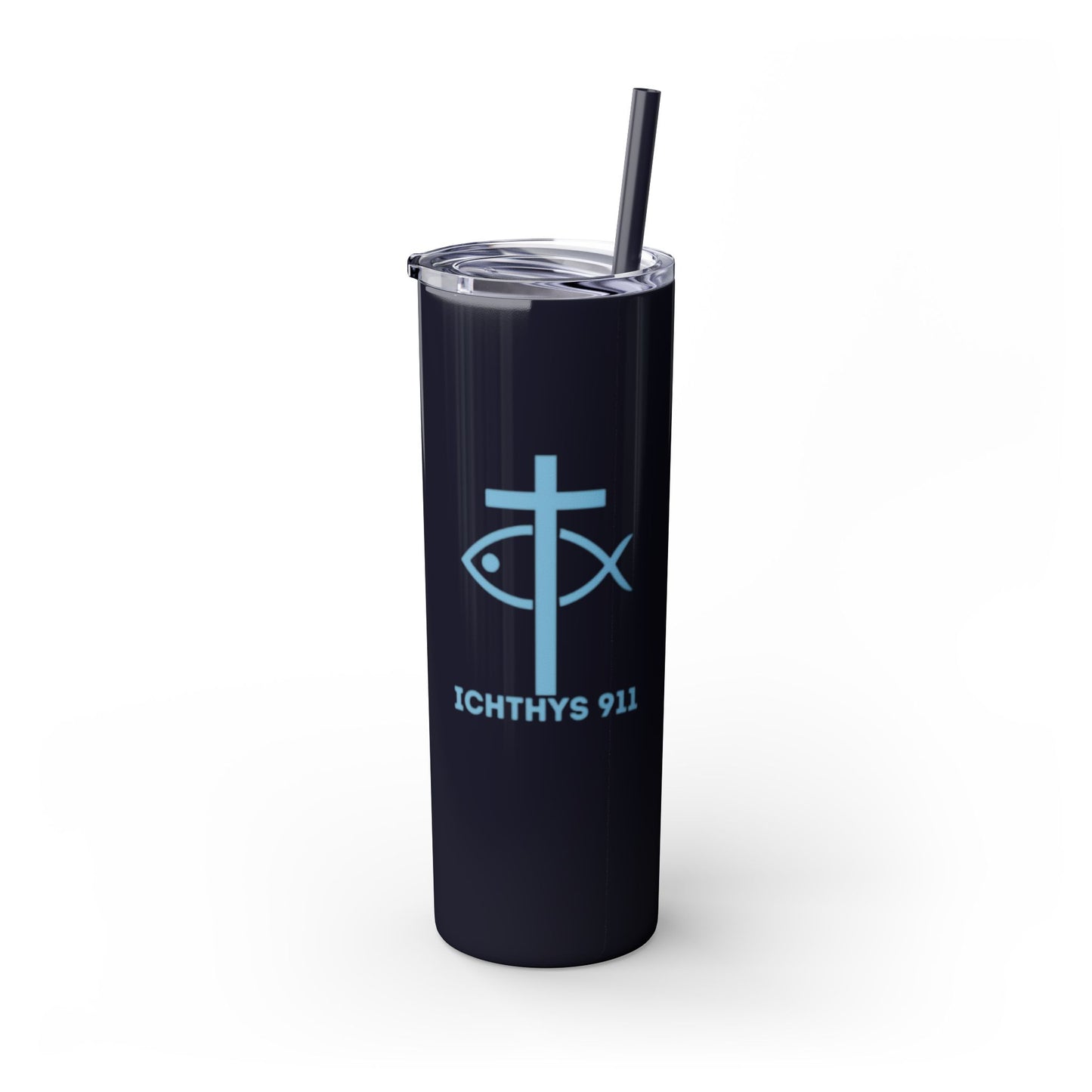 ICHTHYS 911 Pink & Blue Faith-Inspired Skinny Tumbler with Straw - 20oz Baby Shower Drip - Party Favor