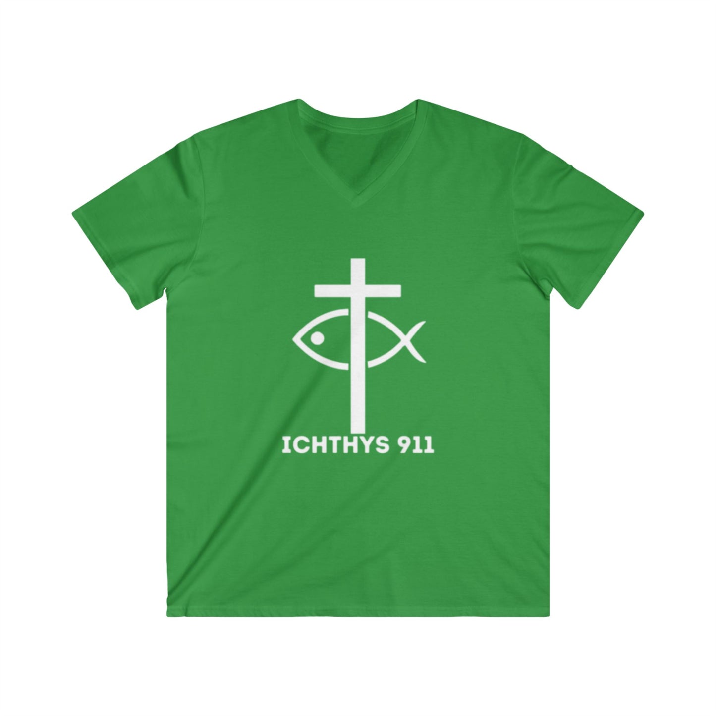 Authentic Round Collection - Men's Fitted V-Neck Short Sleeve T - Shirt - Faith-Inspired - Christian Faith - White Font - ICHTHYS 911 -