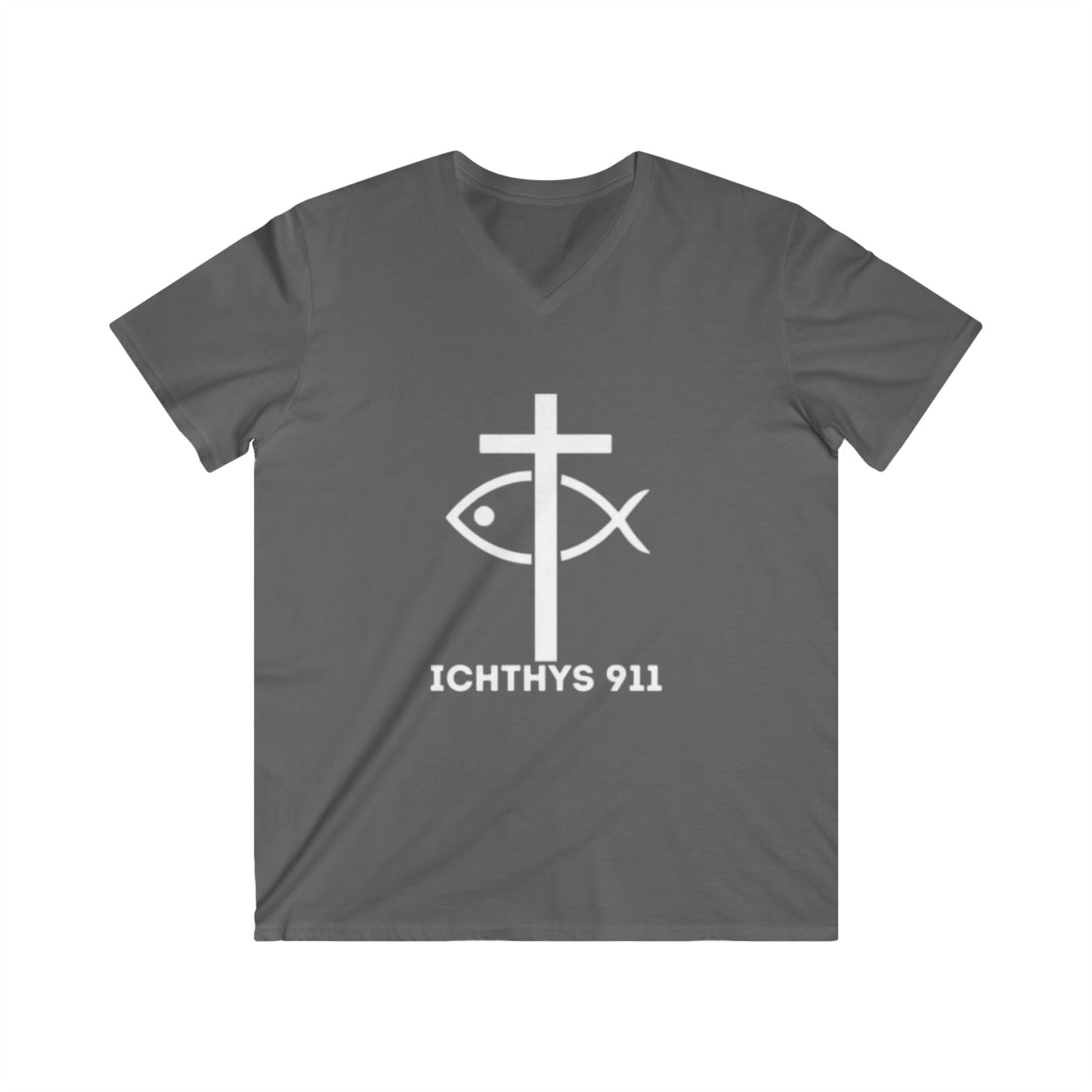 Authentic Round Collection - Men's Fitted V-Neck Short Sleeve T - Shirt - Faith-Inspired - Christian Faith - White Font - ICHTHYS 911 -