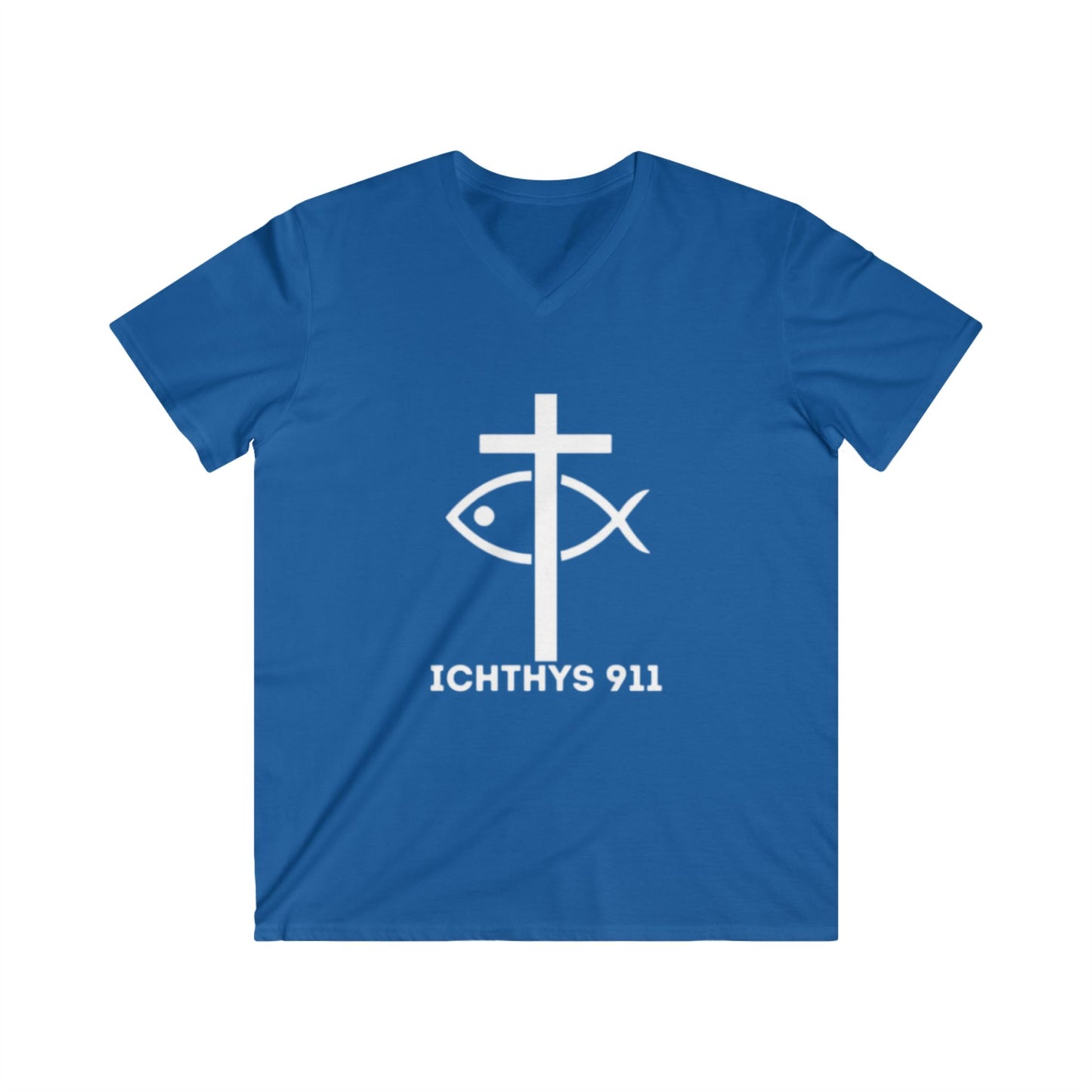 Authentic Round Collection - Men's Fitted V-Neck Short Sleeve T - Shirt - Faith-Inspired - Christian Faith - White Font - ICHTHYS 911 -