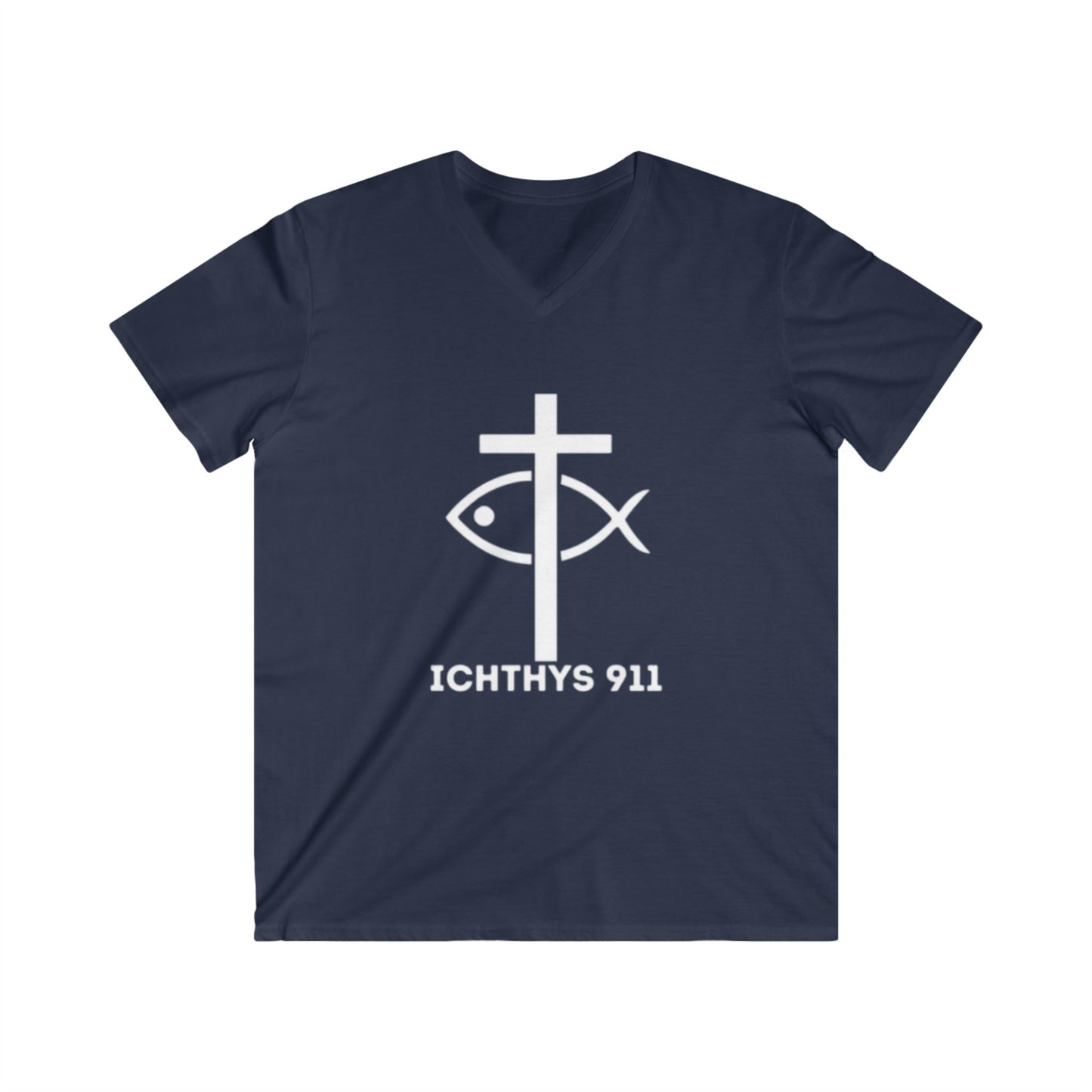 Authentic Round Collection - Men's Fitted V-Neck Short Sleeve T - Shirt - Faith-Inspired - Christian Faith - White Font - ICHTHYS 911 -