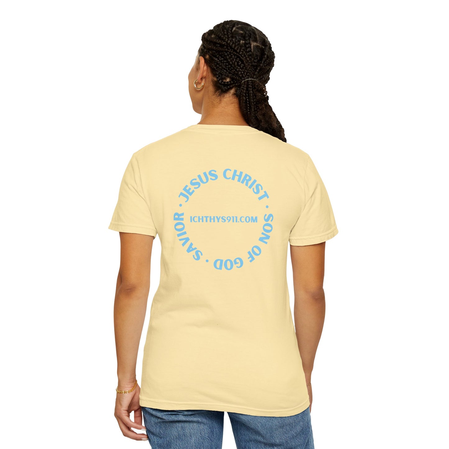 Jesus Christ Son of God Savior - Blue Font - Unisex Garment Dyed T- Shirt - Men T-Shirt - Women T-Shirt - Christian Streetwear T-Shirt – Jesus Gym & Faith Fashion - ICHTHYS 911