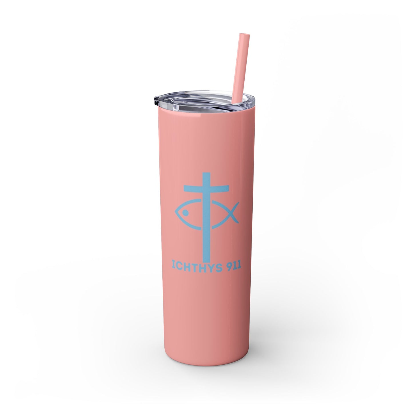 ICHTHYS 911 Pink & Blue Faith-Inspired Skinny Tumbler with Straw - 20oz Baby Shower Drip - Party Favor