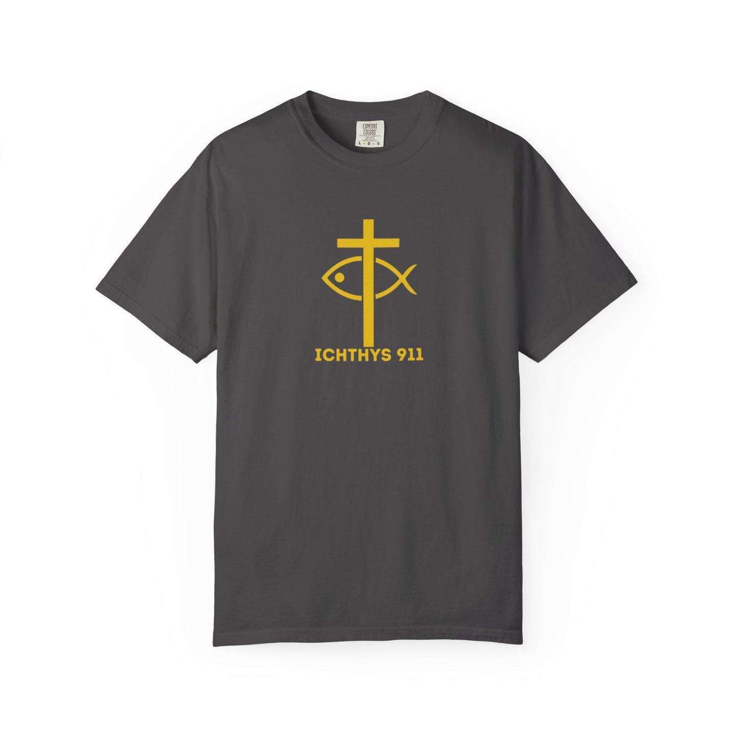 "Jesus Christ Son of God Savior" - Gold Font - Unisex Garment Dyed T- Shirt - Men T-Shirt - Women T-Shirt - Christian Streetwear T-Shirt – Jesus Gym & Faith Fashion,ICHTHYS 911 -