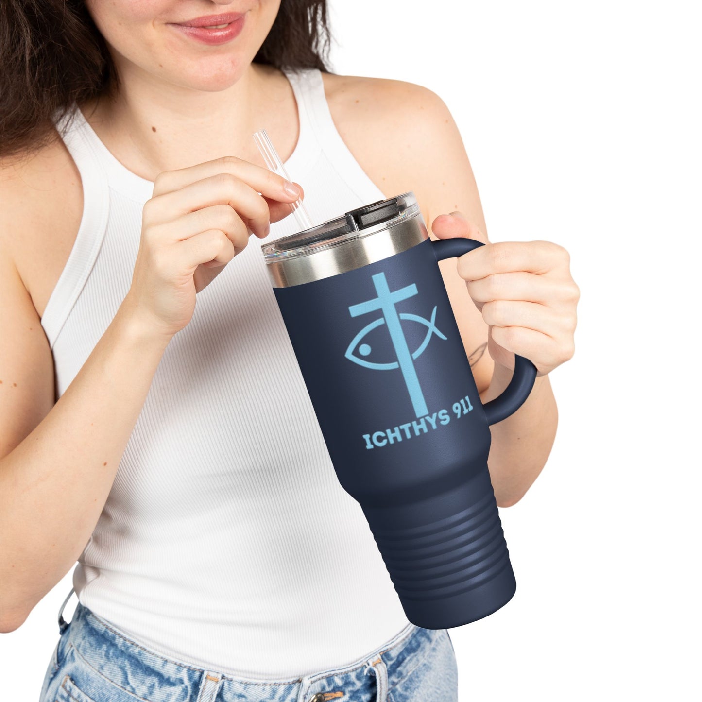 Faith-Inspired Insulated Travel Mug - 40oz with ICHTYS 911 Design
