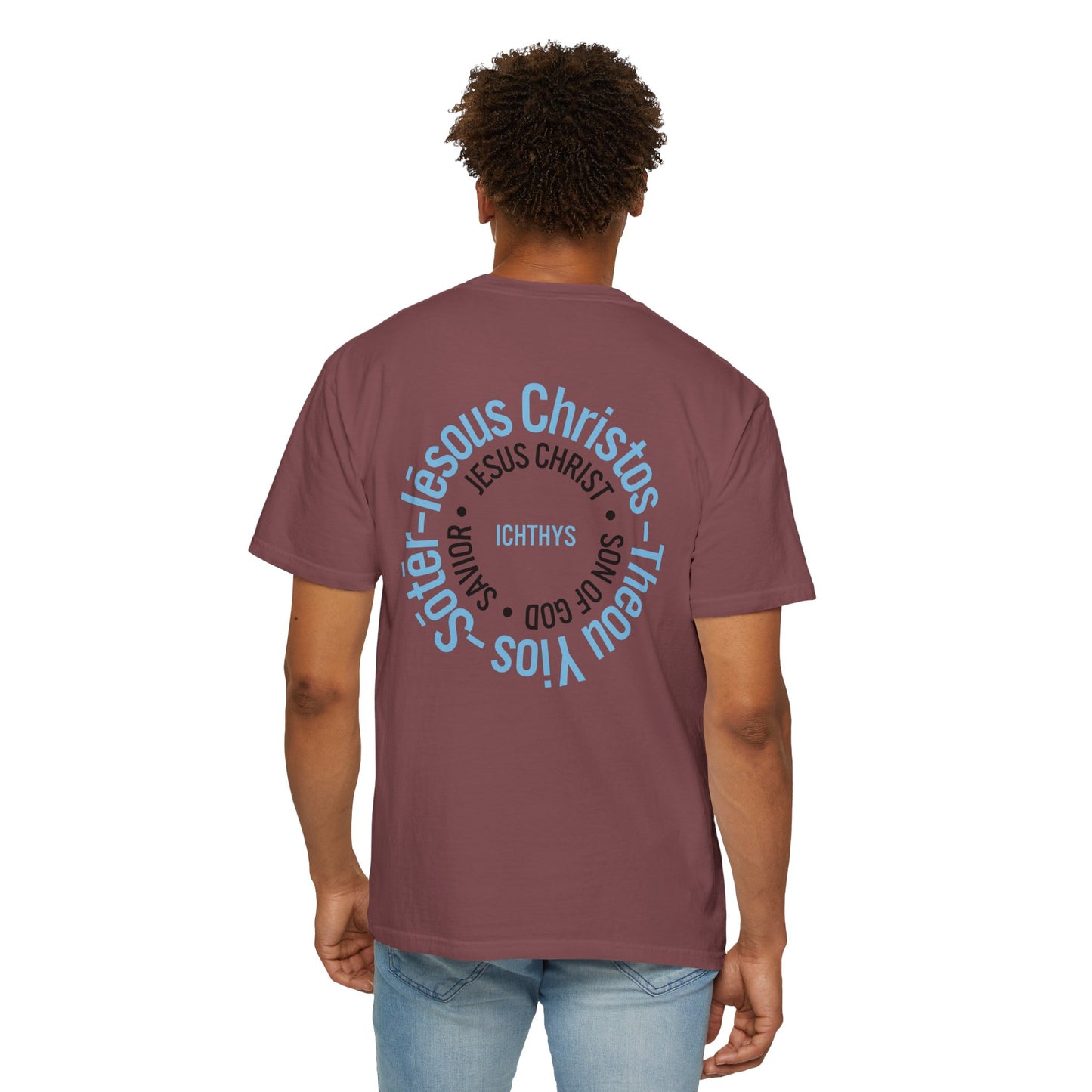 Iēsous Christos, Theou Yios, Sōtēr - Blue Font - Garment-Dyed Unisex T-Shirt - 100# US Cotton -Men T-Shirt - Women T-Shirt - Faith Inspired - Unisex Garment - ICHTHYS 911 - Blue Font - Heavy Duty Shirt