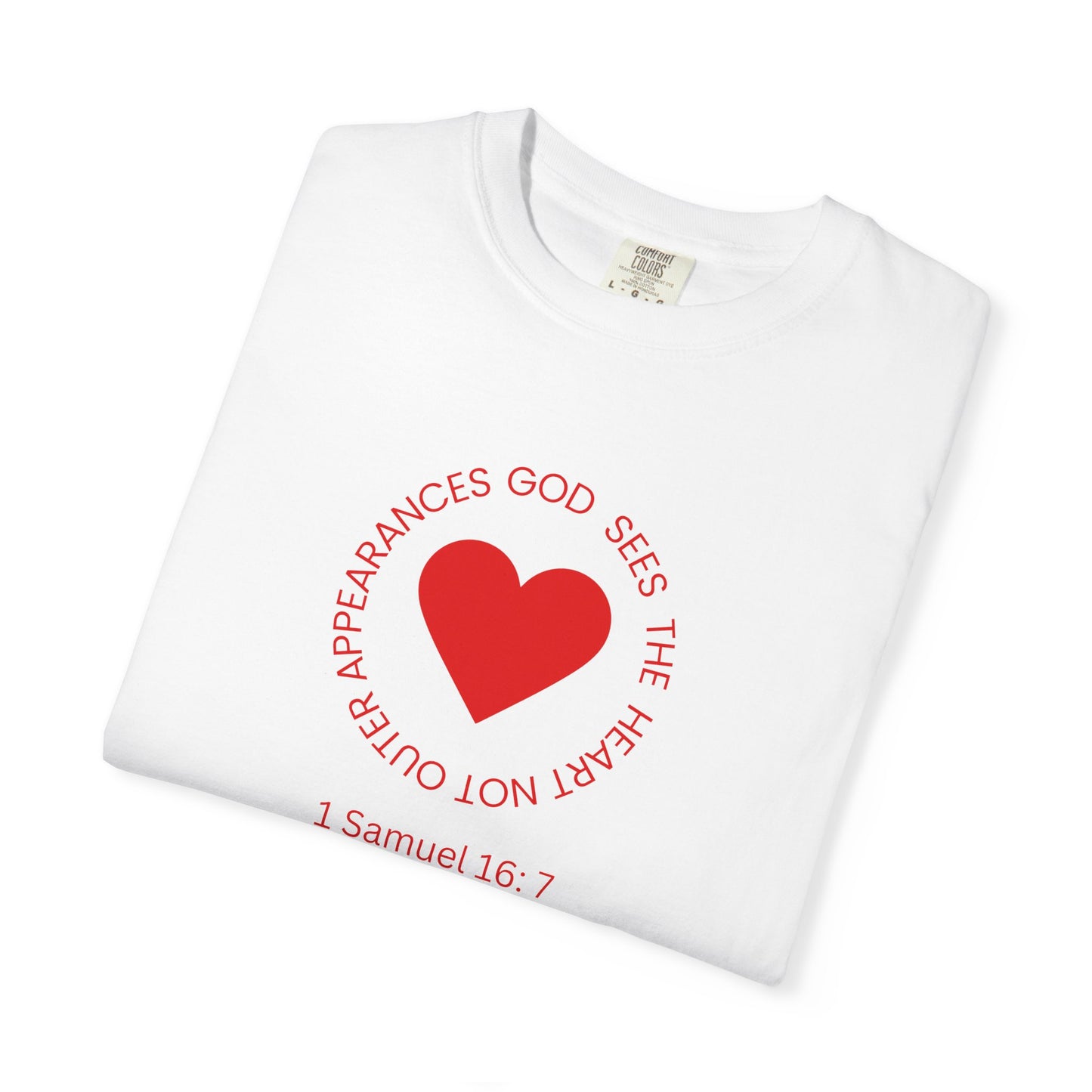 ICHTHYS 911 - "God Sees the Heart" Reverse Design - White Font - Unisex Garment - Dyed T-Shirt - 100% US Cotton - Men T-Shirt - Women T-Shirt - Inspirational Graphic T-Shirt for Everyday Motivation