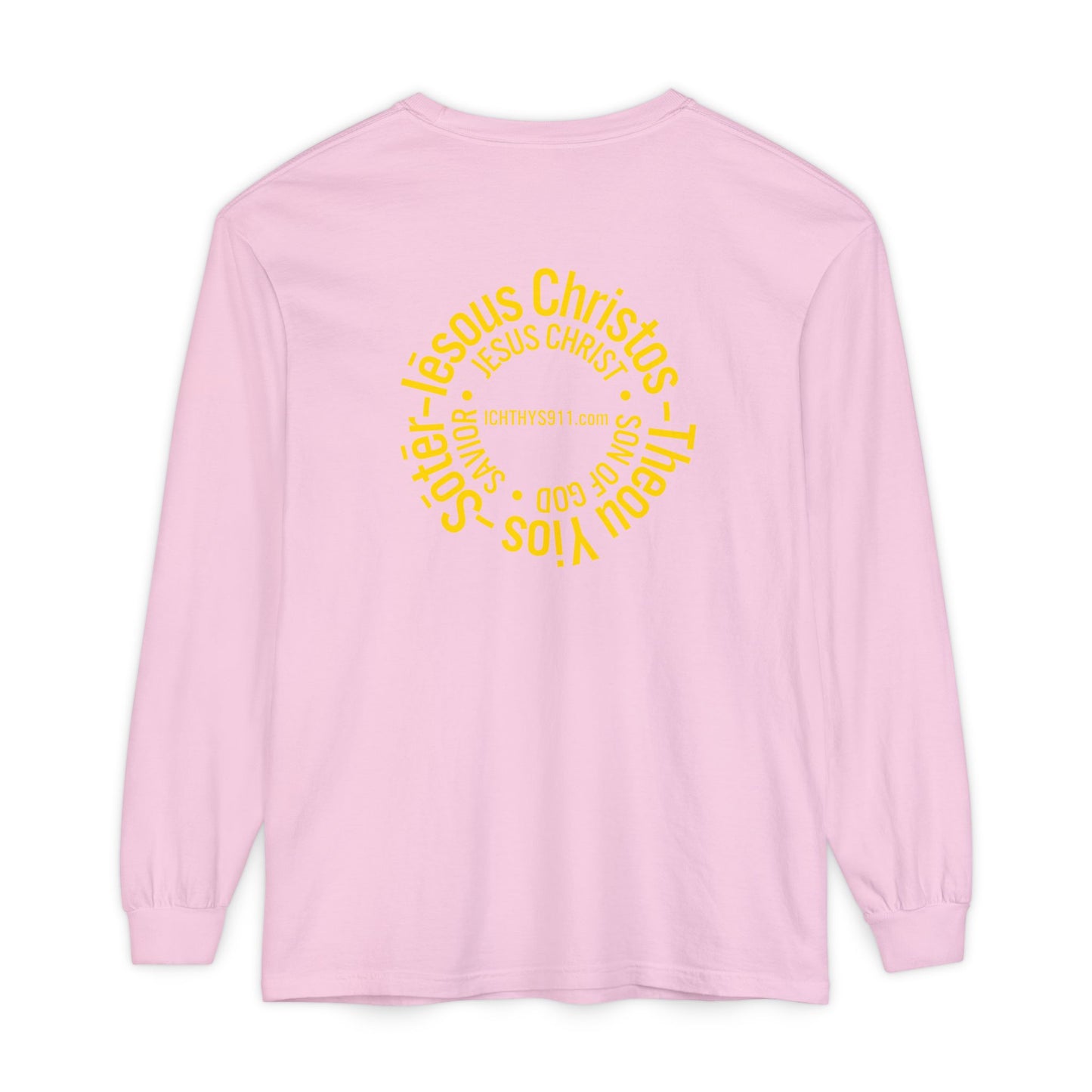 Authentic ICHTHYS 911 Collection -  Gold Font - Unisex Garment Dyed Long Sleeve T-Shirt - Men Long Sleeve - Women Long Sleeve - Christian Faith Symbol Tee - Faith Inspired