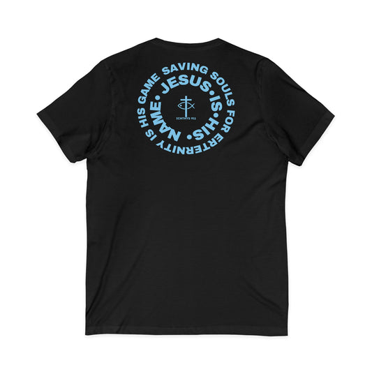 Jesus Is His Name, Saving Souls For Eternity is His Game - Blue Font - V-Neck - Unisex -Men T-Shirt - Women T-Shirt - Christian T - Faith-Inspired Unisex V-Neck Tee - Perfect for Christians - ICHTHYS 911 Design