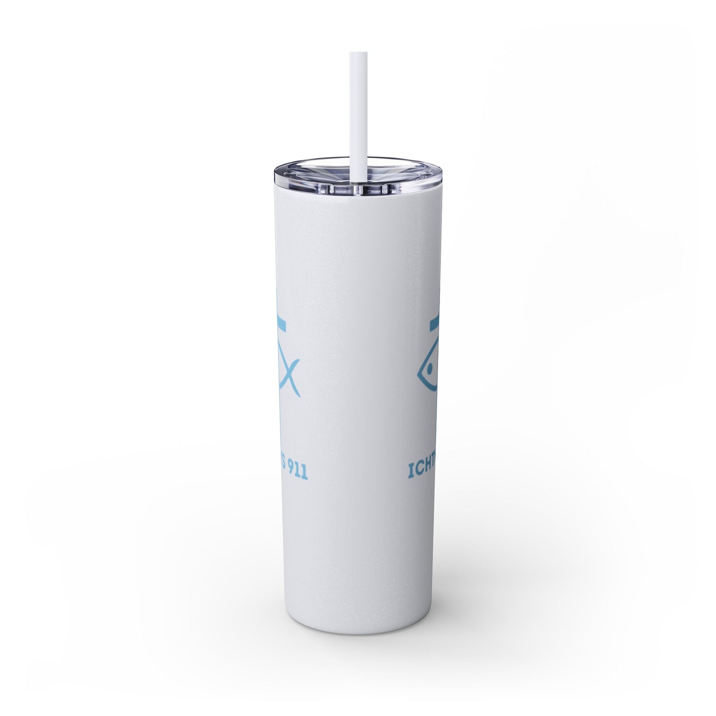 ICHTHYS 911 - Blue Font - Faith-Inspired Skinny Tumbler with Straw - 20oz Baby Shower Drip
