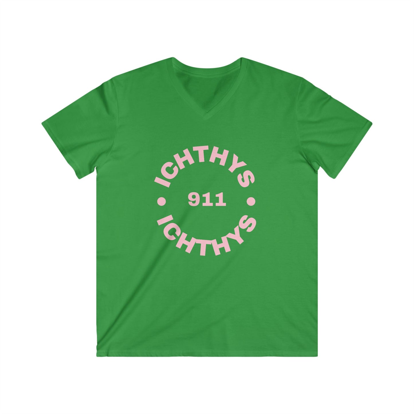 Authentic Round Collection - Men's Fitted V-Neck Short Sleeve T - Shirt - Faith-Inspired - Christian Faith - Pink Font - ICHTHYS 911