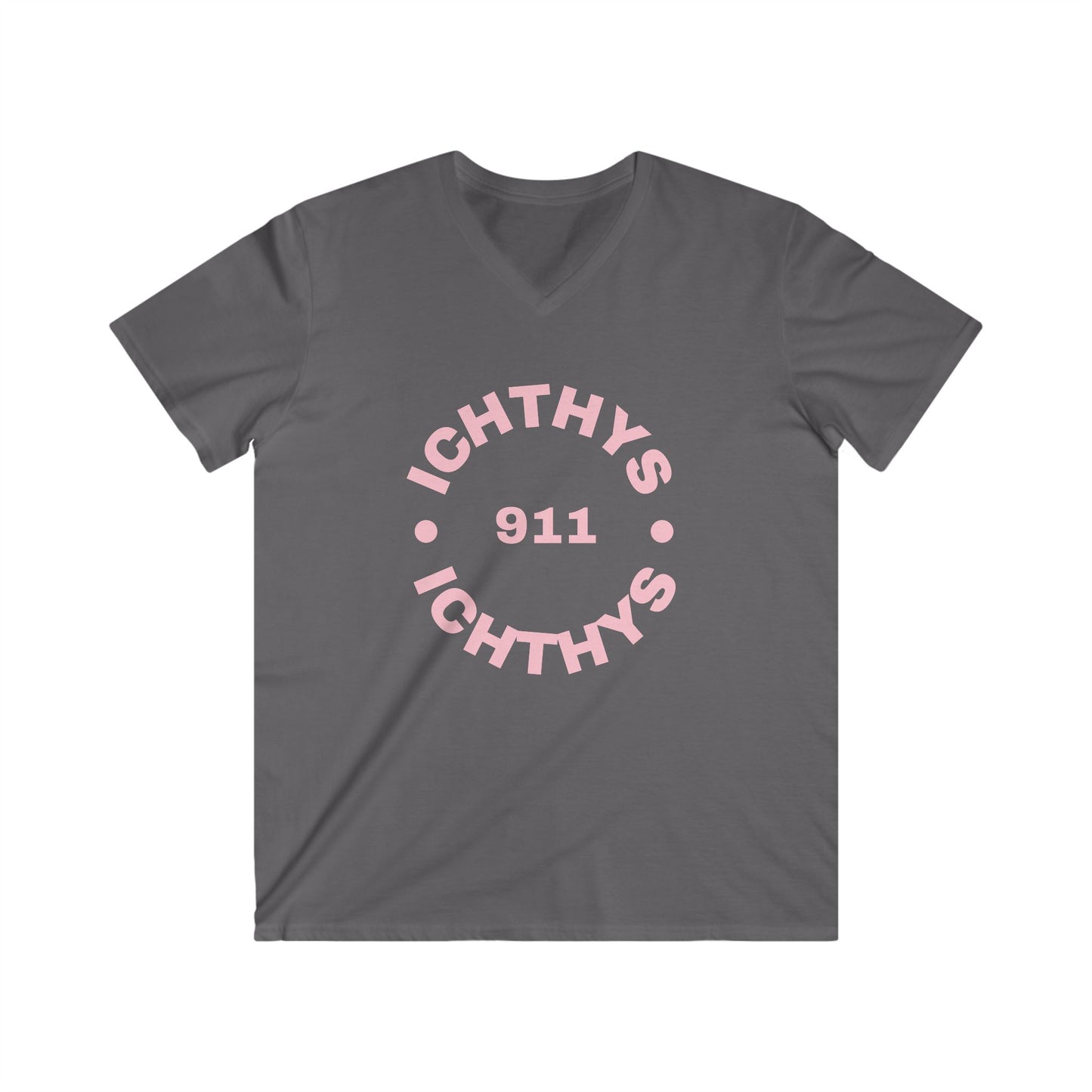 Authentic Round Collection - Men's Fitted V-Neck Short Sleeve T - Shirt - Faith-Inspired - Christian Faith - Pink Font - ICHTHYS 911