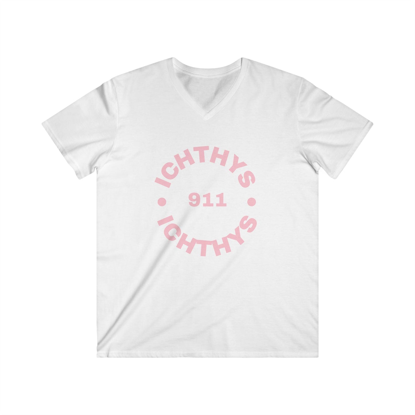 Authentic Round Collection - Men's Fitted V-Neck Short Sleeve T - Shirt - Faith-Inspired - Christian Faith - Pink Font - ICHTHYS 911