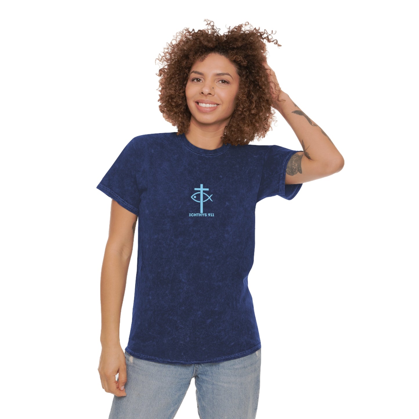 ICHTHYS 911 "Retro JC BD" Unisex Mineral Wash T-Shirt - Faith-Inspired Design with Jesus Christ Print - Wear Your Faith - Men T-Shirt - Women T-Shirt