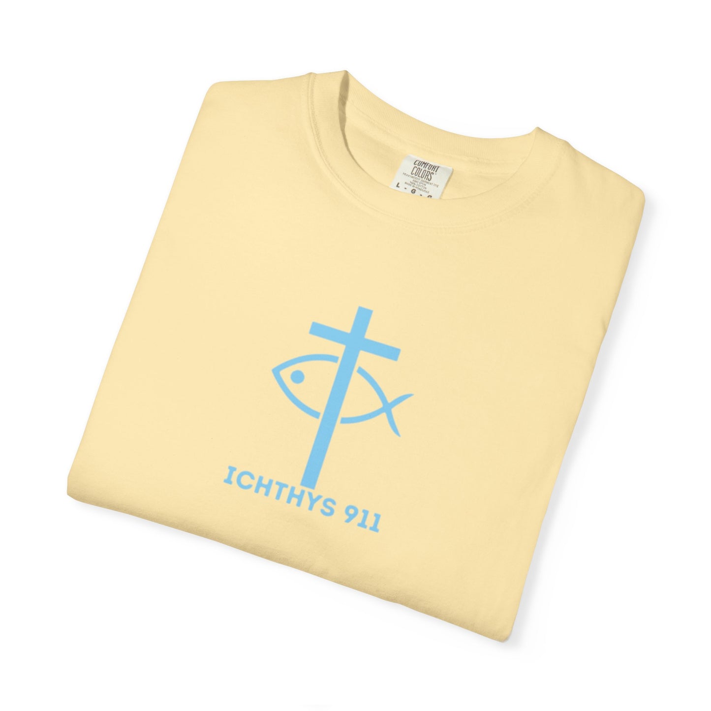 ICHTHYS 911 - Blue Font "Iēsous Christos, Theou Yios, Sōtēr" - Garment-Dyed - 100% US Cotton - Unisex T-Shirt - Men T-Shirt - Women T-Shirt - Christian Symbol - Greek - Faith Inspired -Christian Streetwear – Jesus Gym & Faith Fashion, Unisex Garment