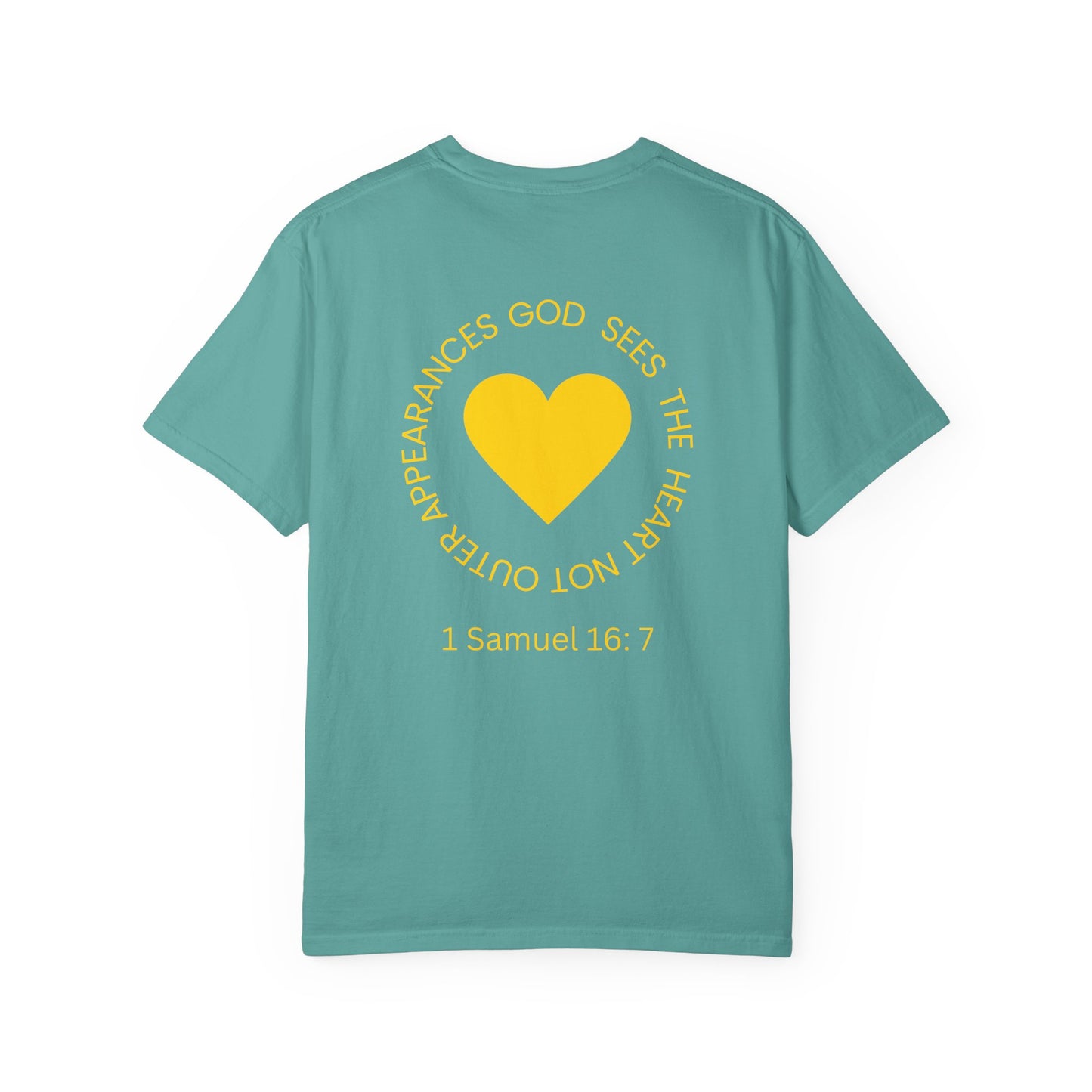 ICHTHYS 911 - "God Sees the Heart" Reverse' Gold Font - Unisex Garment - Dyed T-Shirt - 100% US Cotton - Men T-Shirt - Women T-Shirt - Inspirational Graphic T-Shirt for Everyday Motivation