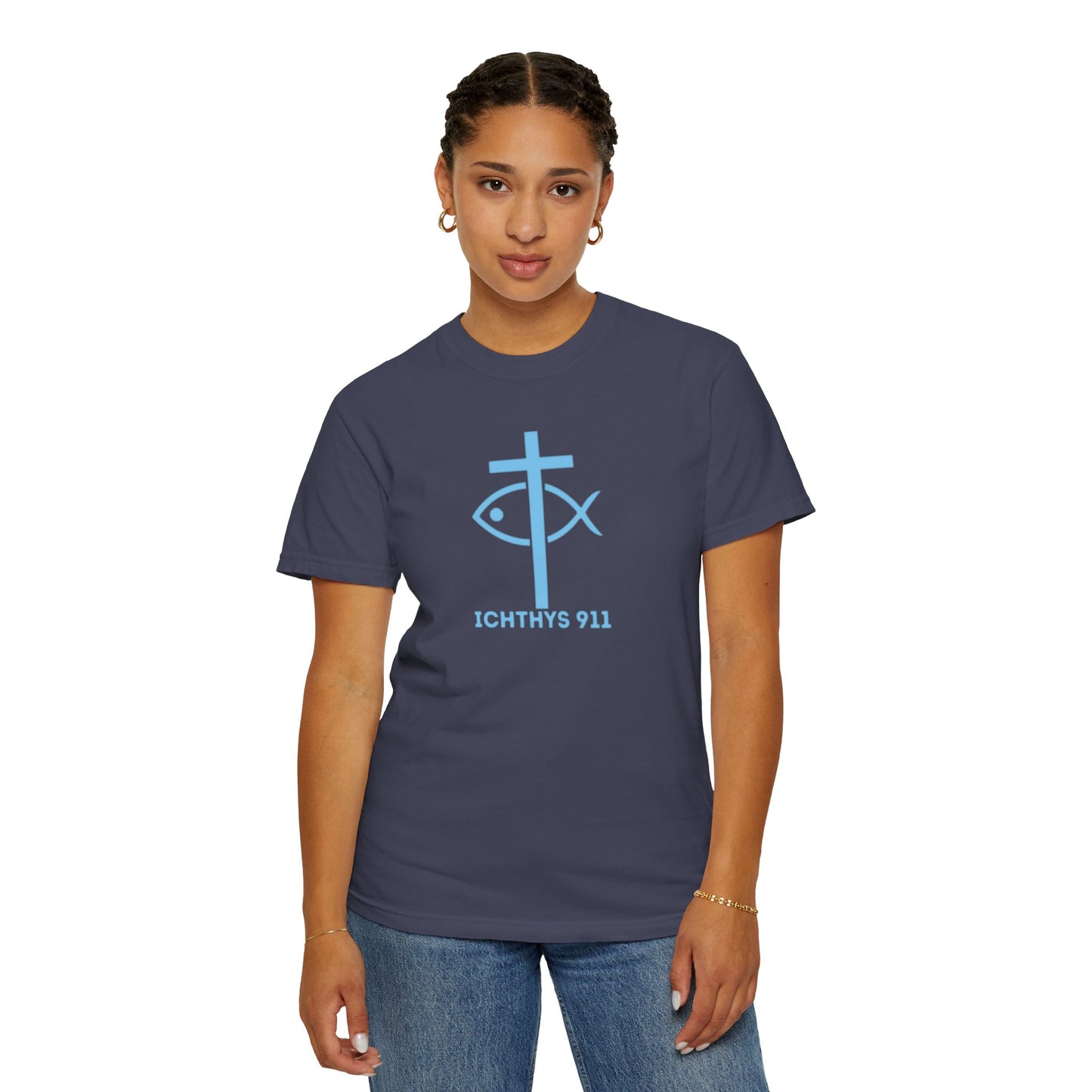 Iēsous Christos, Theou Yios, Sōtēr - Blue Font - Garment-Dyed Unisex T-Shirt - Men T-Shirt - Women T-Shirt - Christian Symbol - Greek - Faith Inspired -Christian Streetwear – Jesus Gym & Faith Fashion, Unisex Garment -ICHTHYS 911 - Additional Colors
